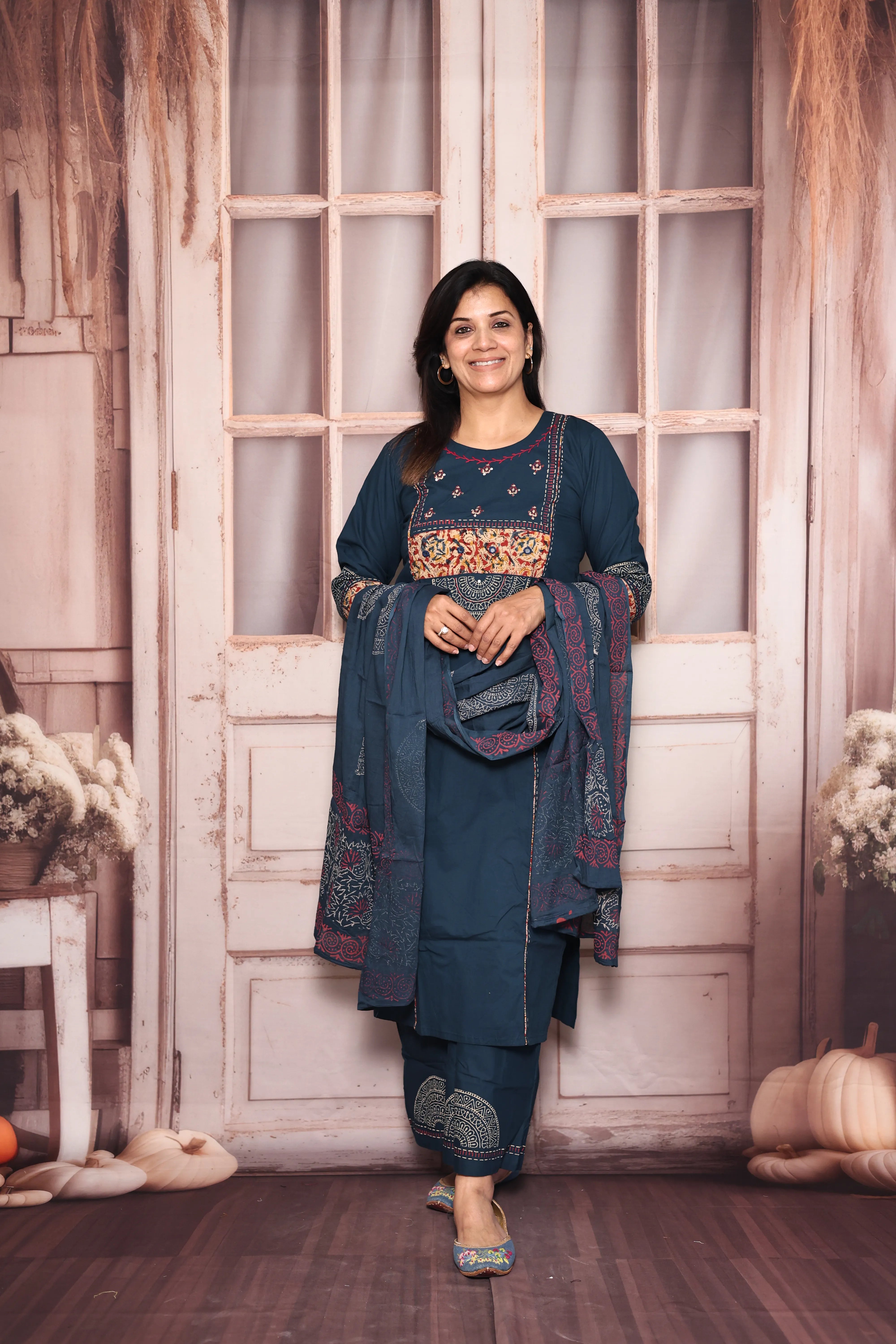 Prussian Blue Yoke Patch Work Dupatta Set | Kalamkari Patch Work & Hand Print | Cotton