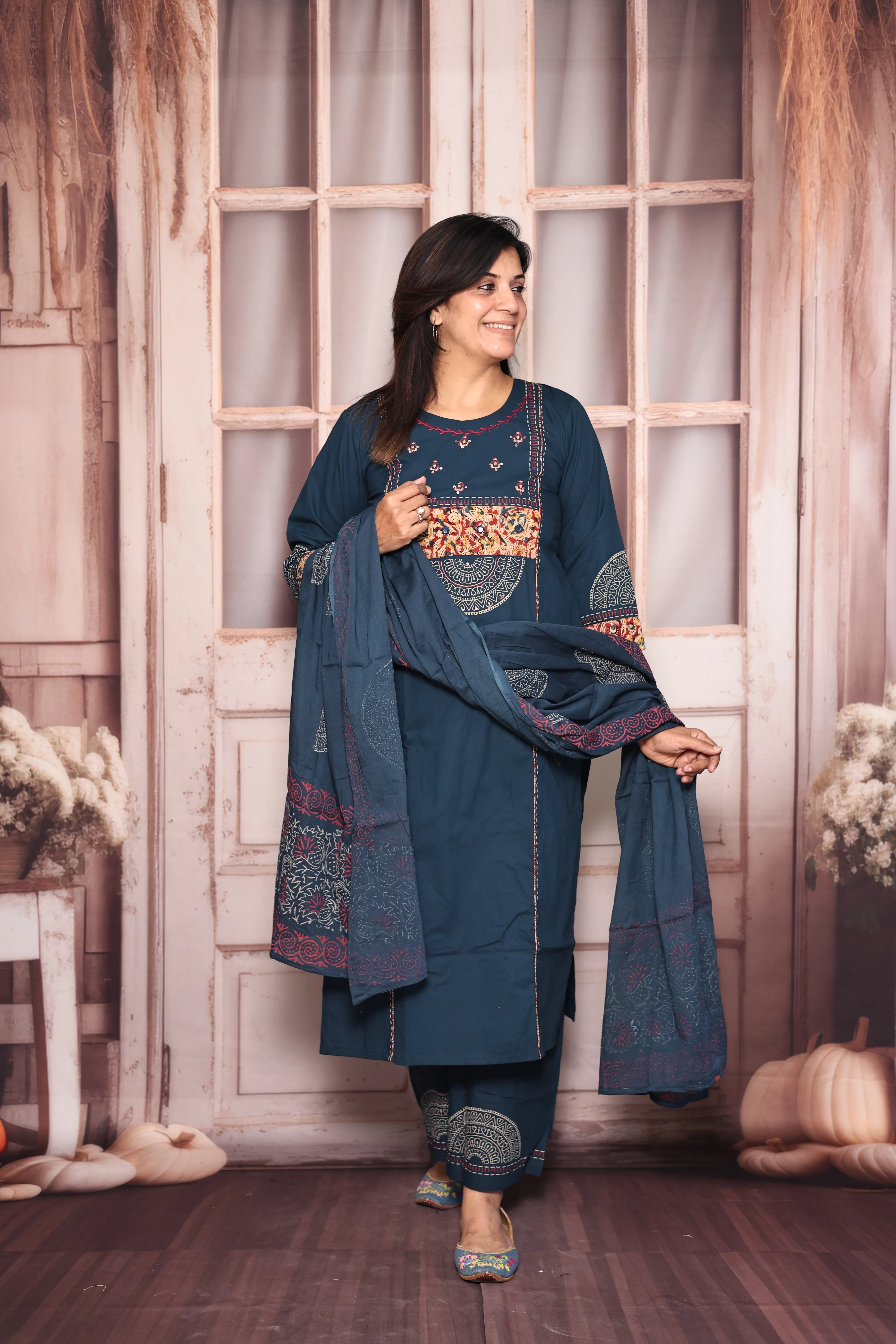Prussian Blue Yoke Patch Work Dupatta Set | Kalamkari Patch Work & Hand Print | Cotton