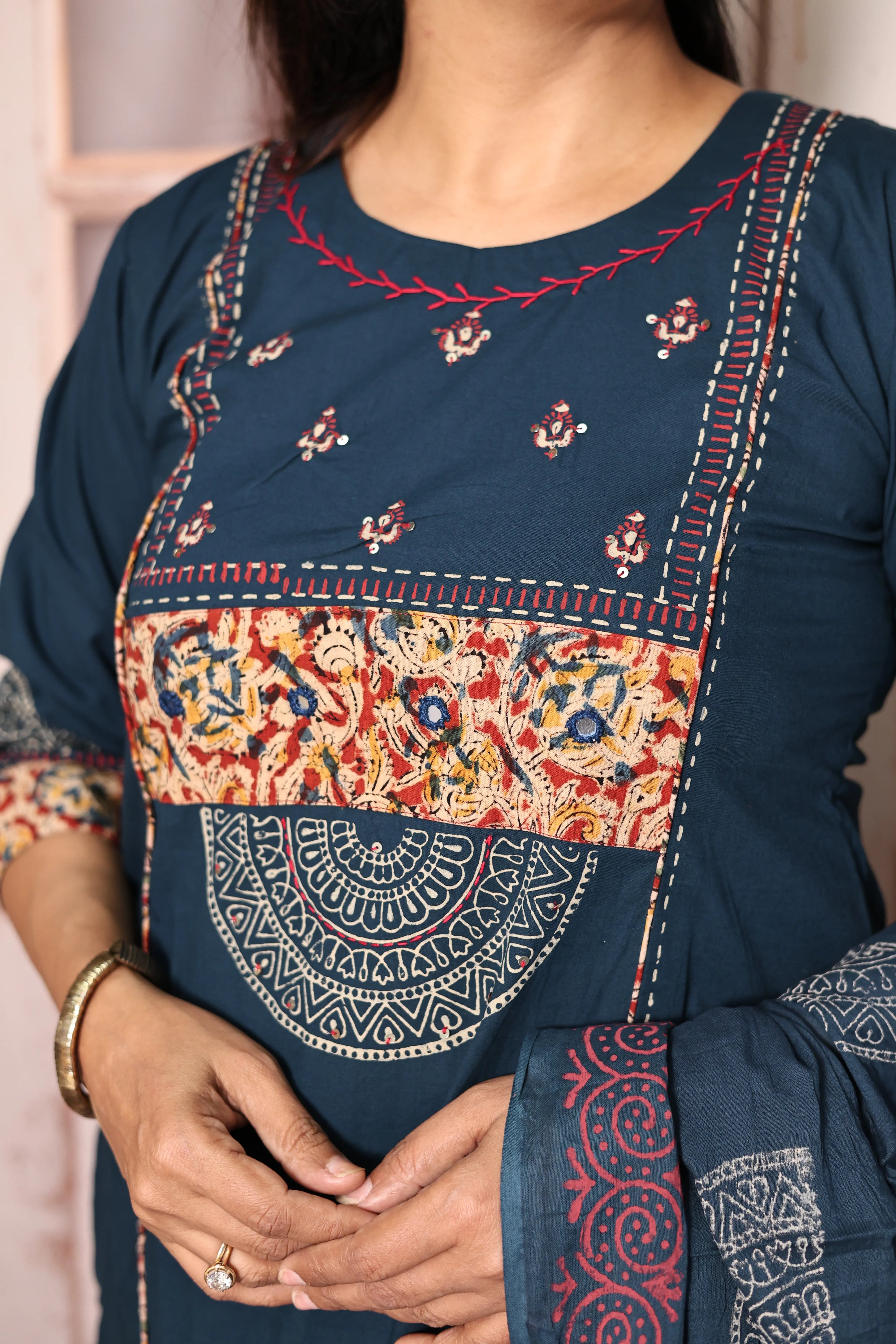 Prussian Blue Yoke Patch Work Dupatta Set | Kalamkari Patch Work & Hand Print | Cotton