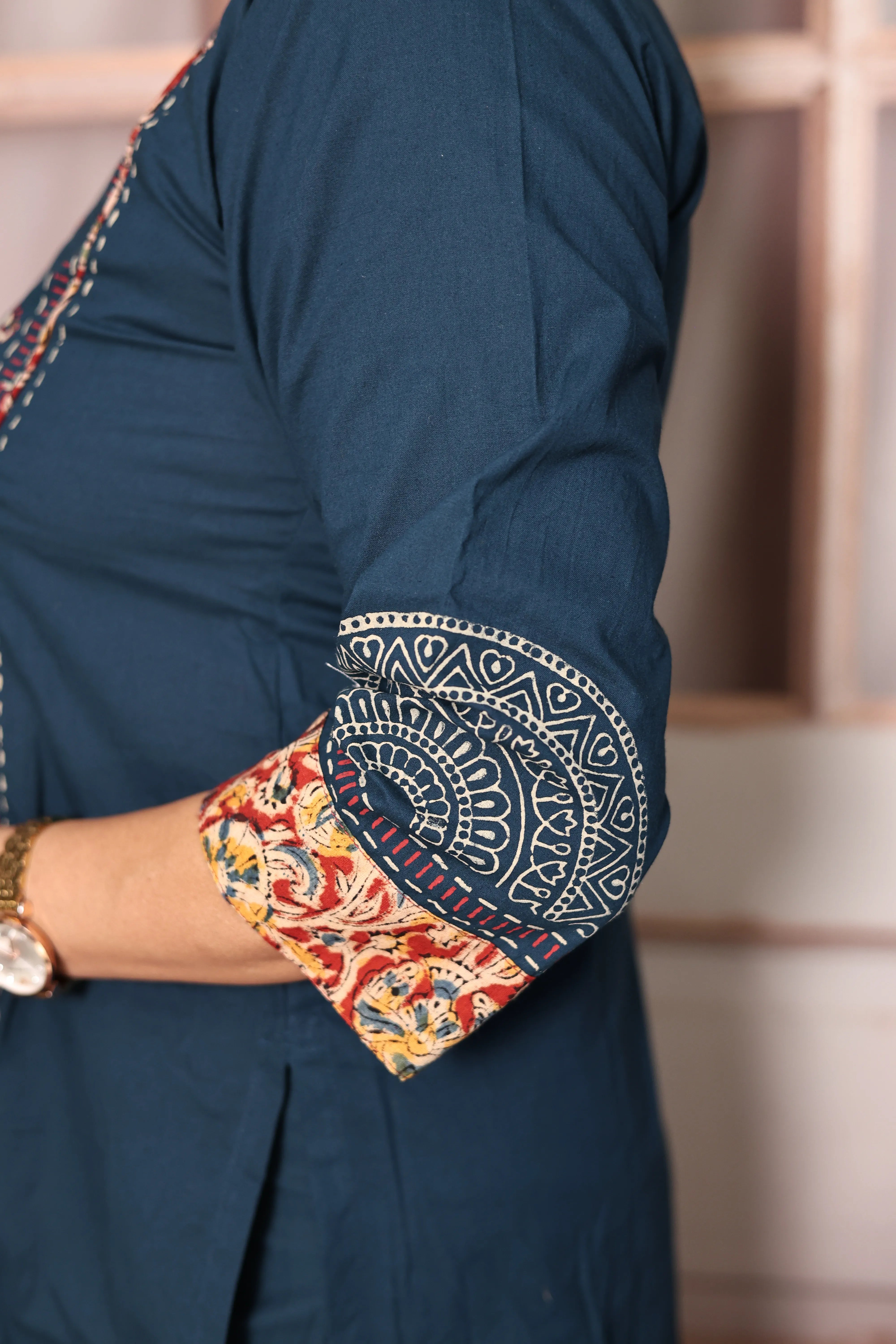 Prussian Blue Yoke Patch Work Dupatta Set | Kalamkari Patch Work & Hand Print | Cotton