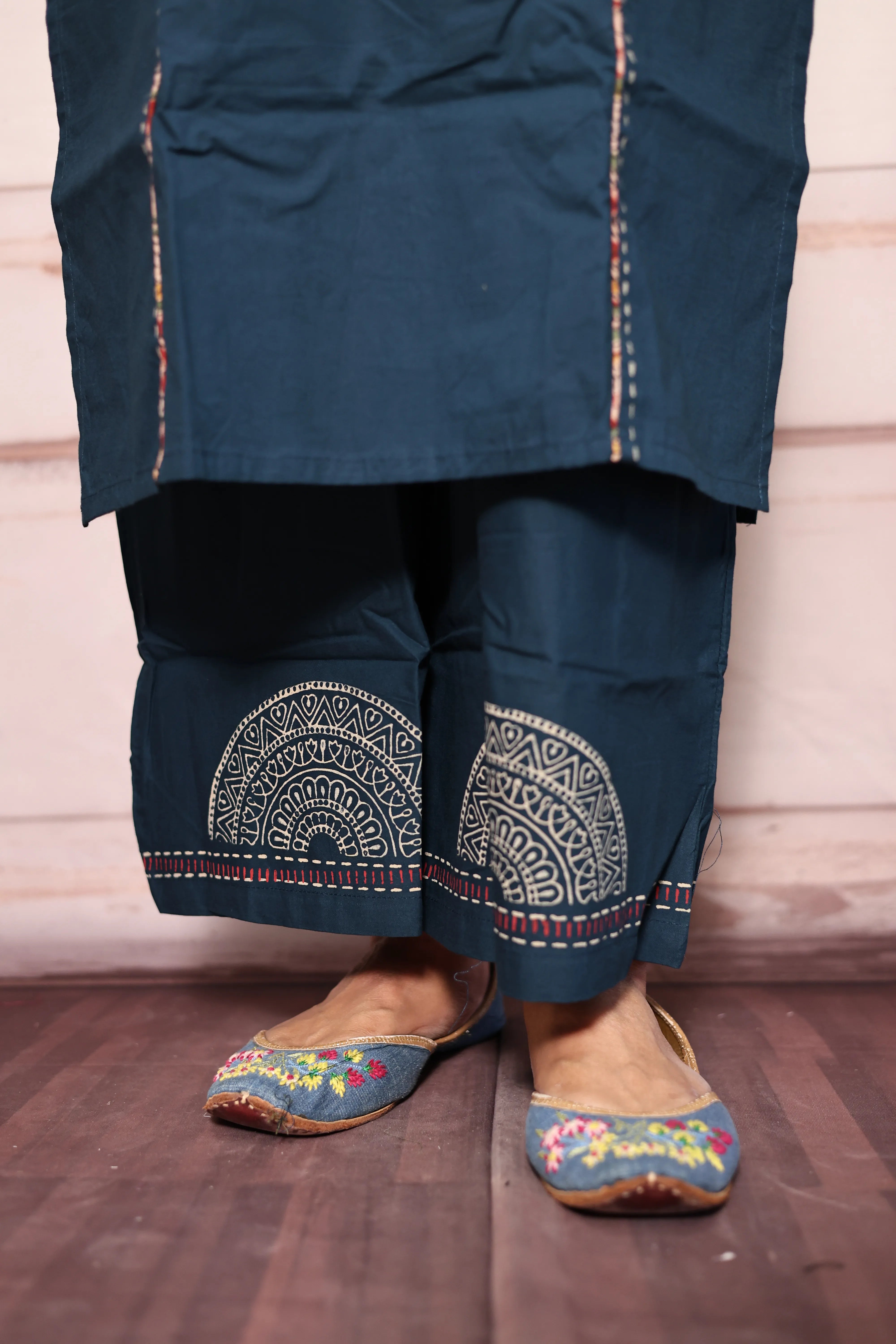 Prussian Blue Yoke Patch Work Dupatta Set | Kalamkari Patch Work & Hand Print | Cotton