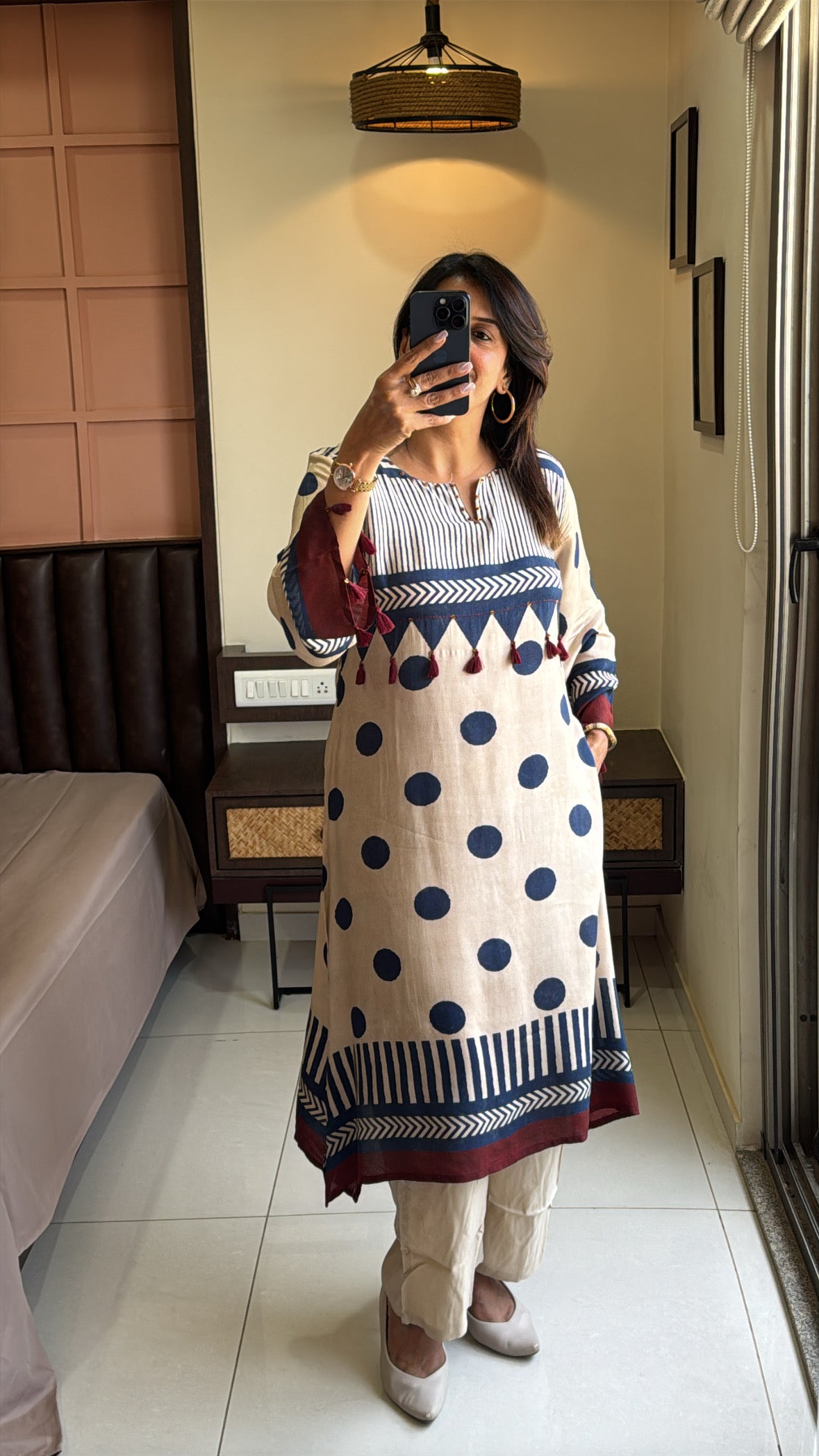 Beige & Indigo Printed Tail Cut Kurti with Palazzo | Pure Crepe Designer Ethnic Wear