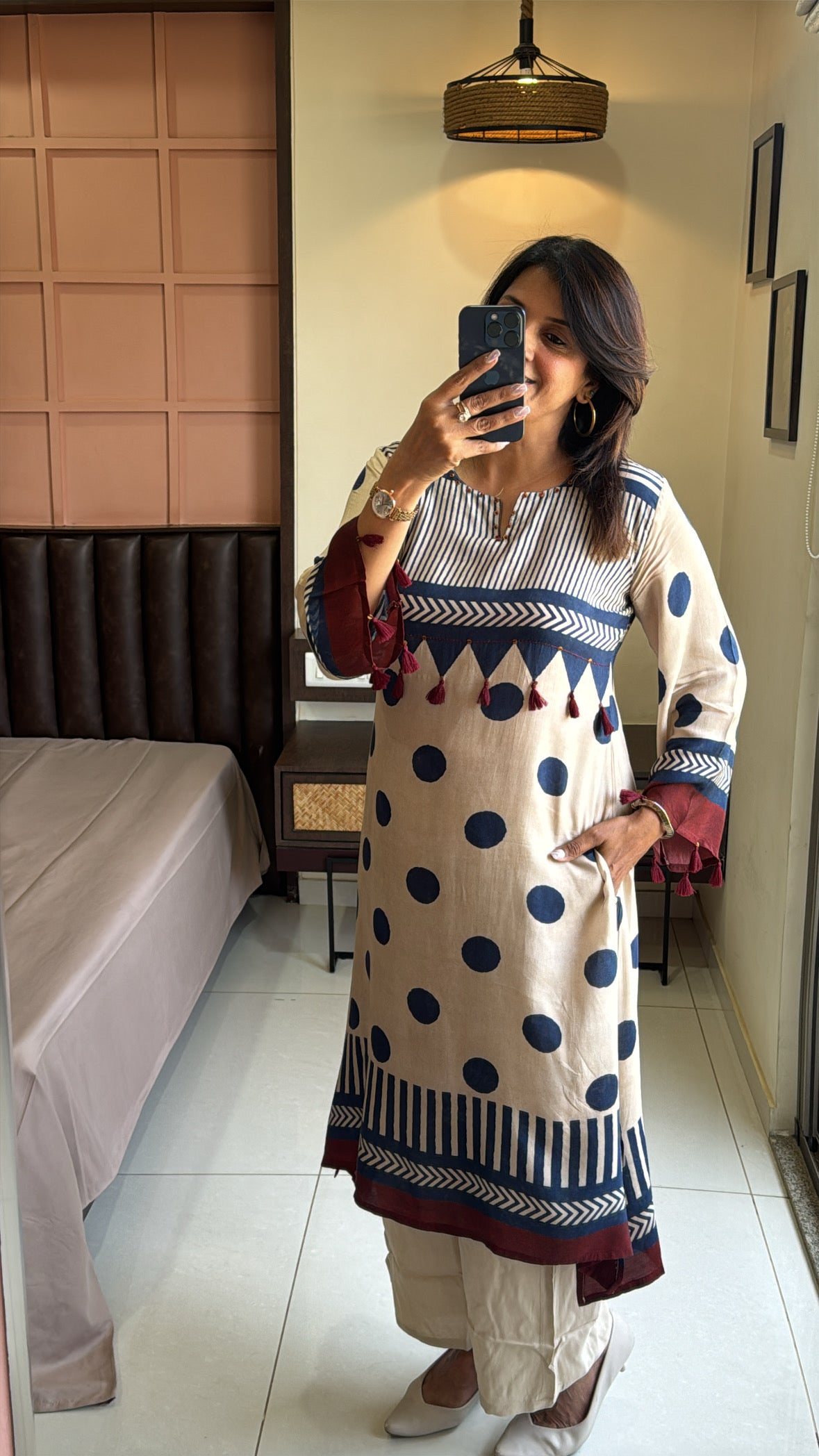 Beige & Indigo Printed Tail Cut Kurti with Palazzo | Pure Crepe Designer Ethnic Wear