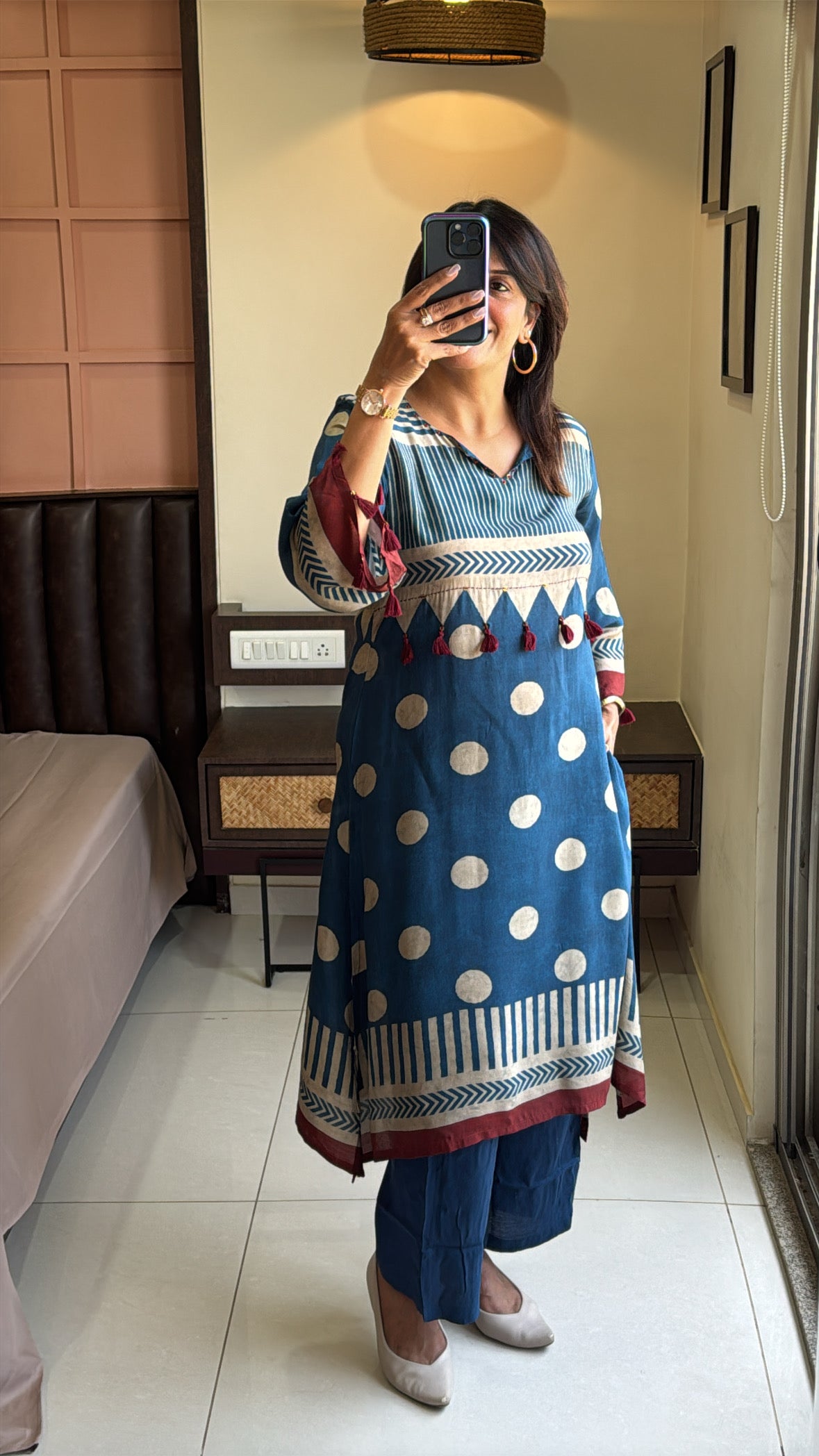 Classic Blue Printed Tail Cut Kurti with Palazzo | Pure Crepe Designer Ethnic Wear