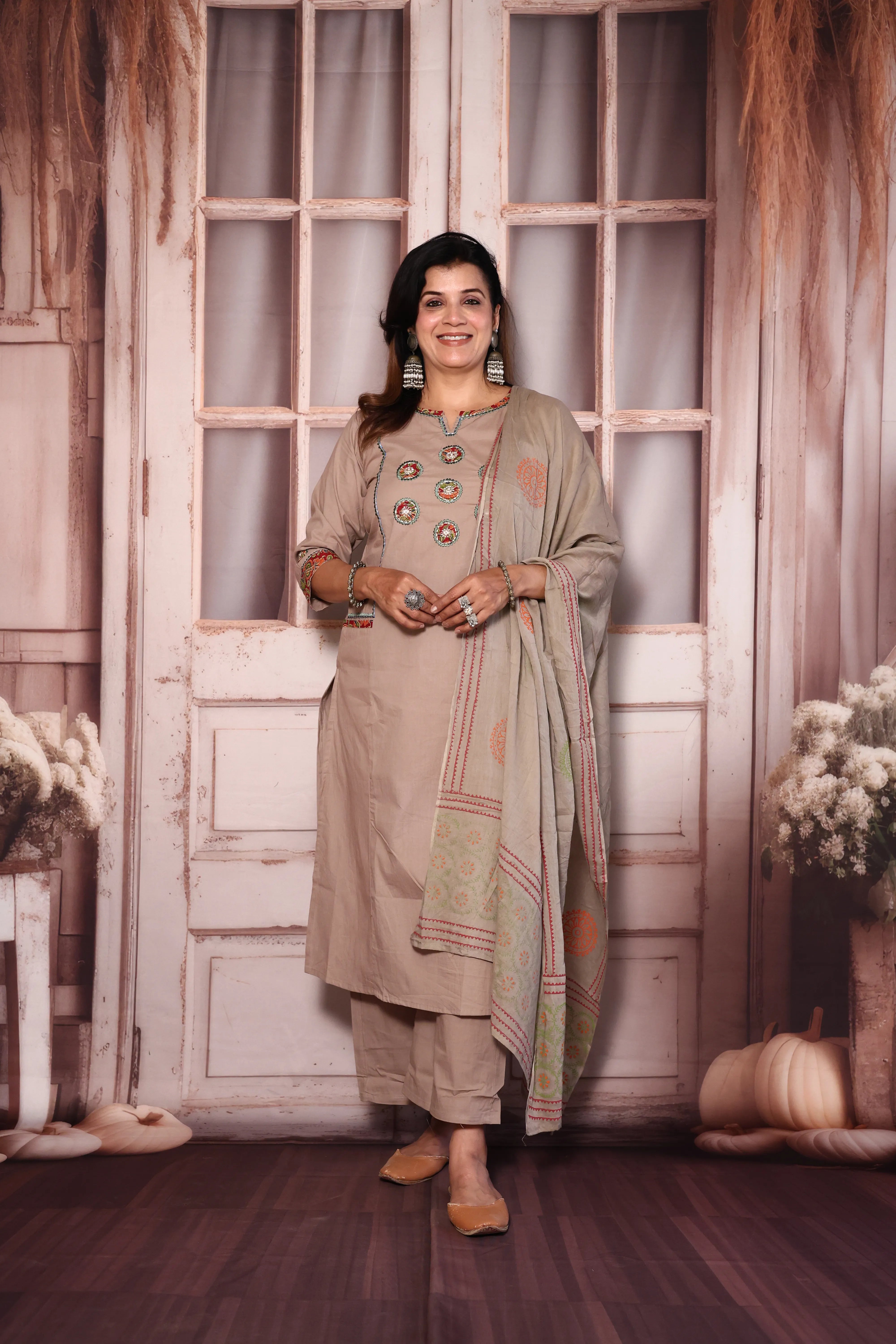 Pinkish Grey Yoke Work Kurta Pant with Printed Dupatta | Foil Print & Mirror Embroidery | Cotton Ethnic Wear
