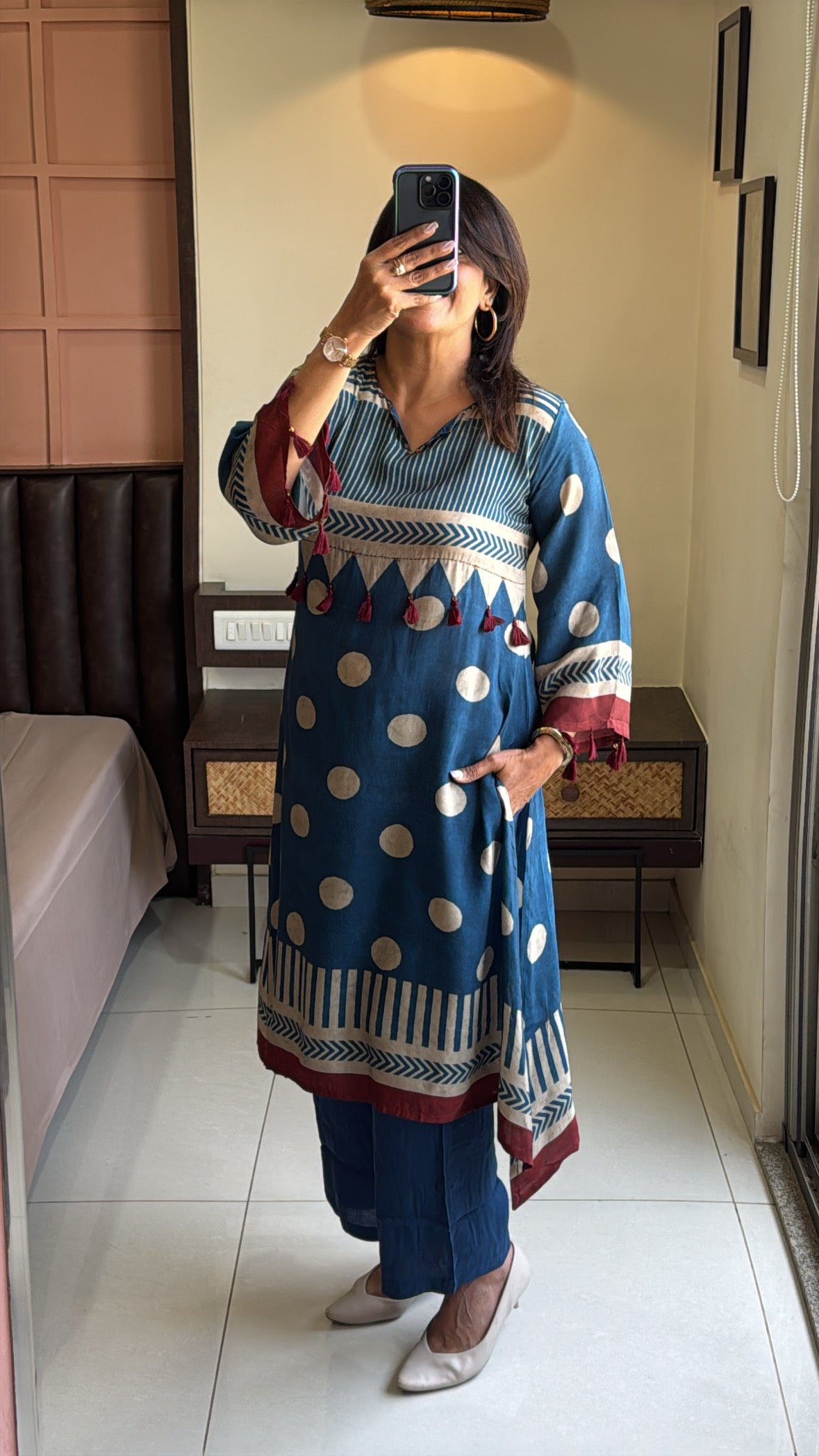 Classic Blue Printed Tail Cut Kurti with Palazzo | Pure Crepe Designer Ethnic Wear