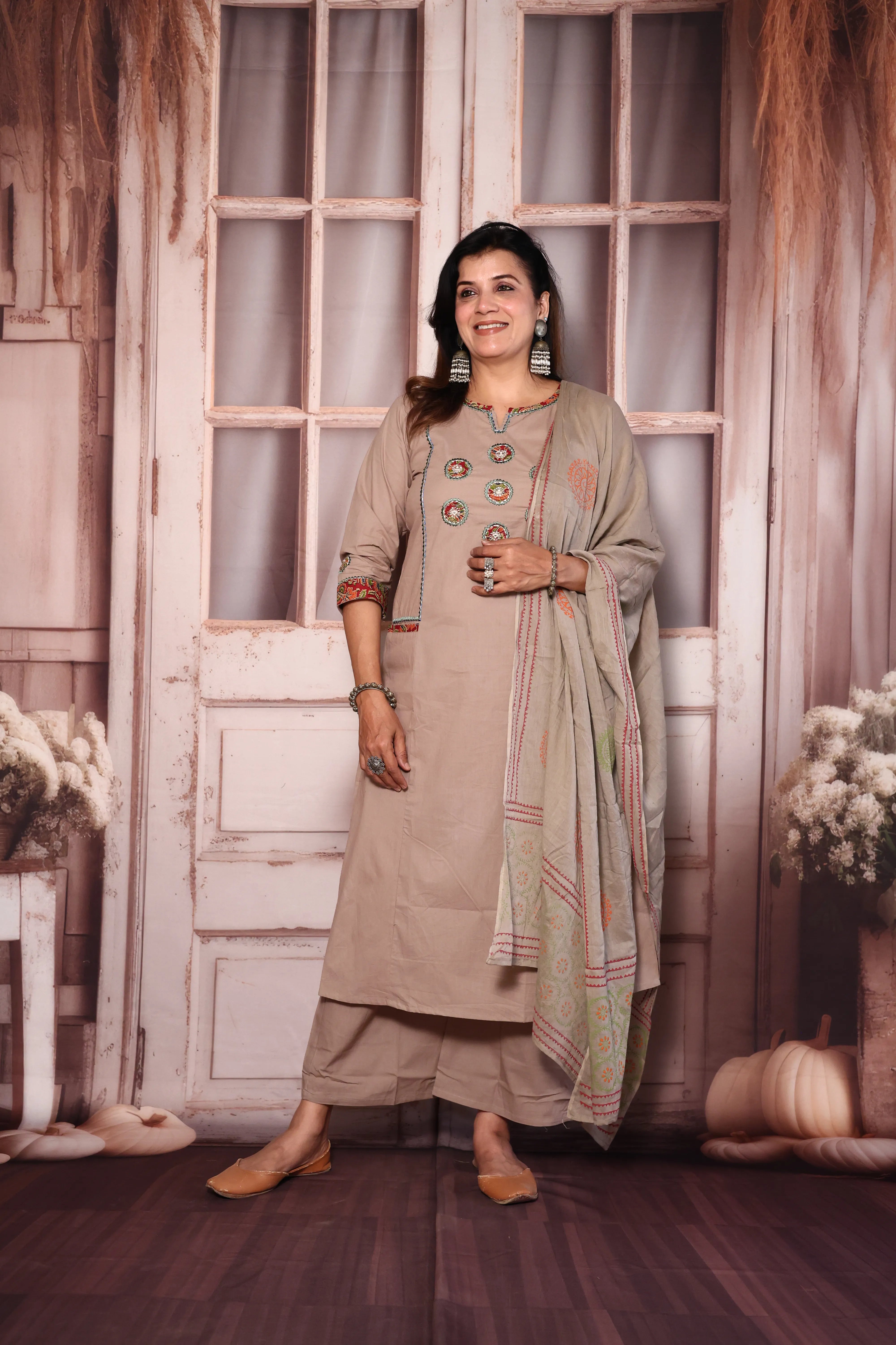 Pinkish Grey Yoke Work Kurta Pant with Printed Dupatta | Foil Print & Mirror Embroidery | Cotton Ethnic Wear