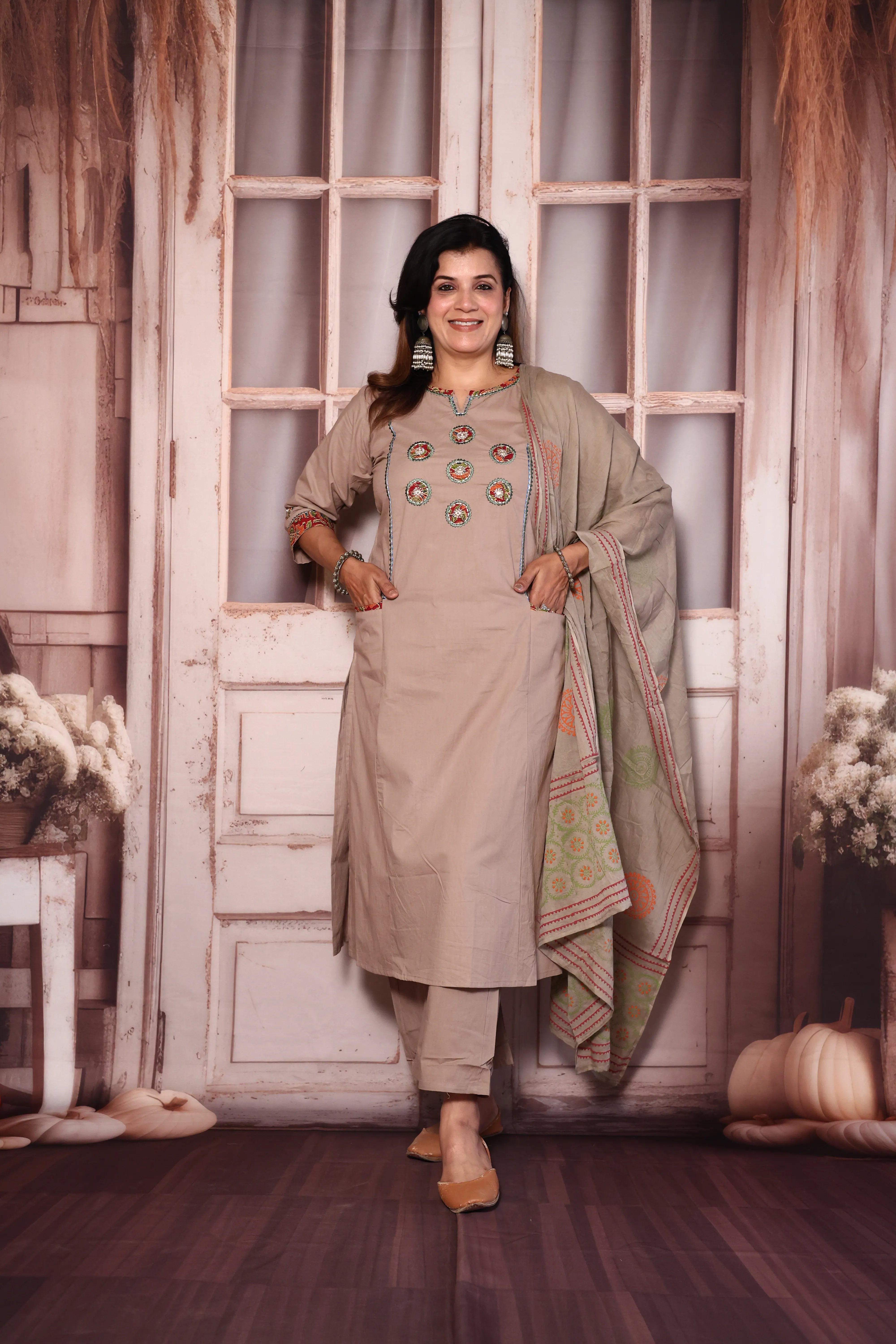 Pinkish Grey Yoke Work Kurta Pant with Printed Dupatta | Foil Print & Mirror Embroidery | Cotton Ethnic Wear