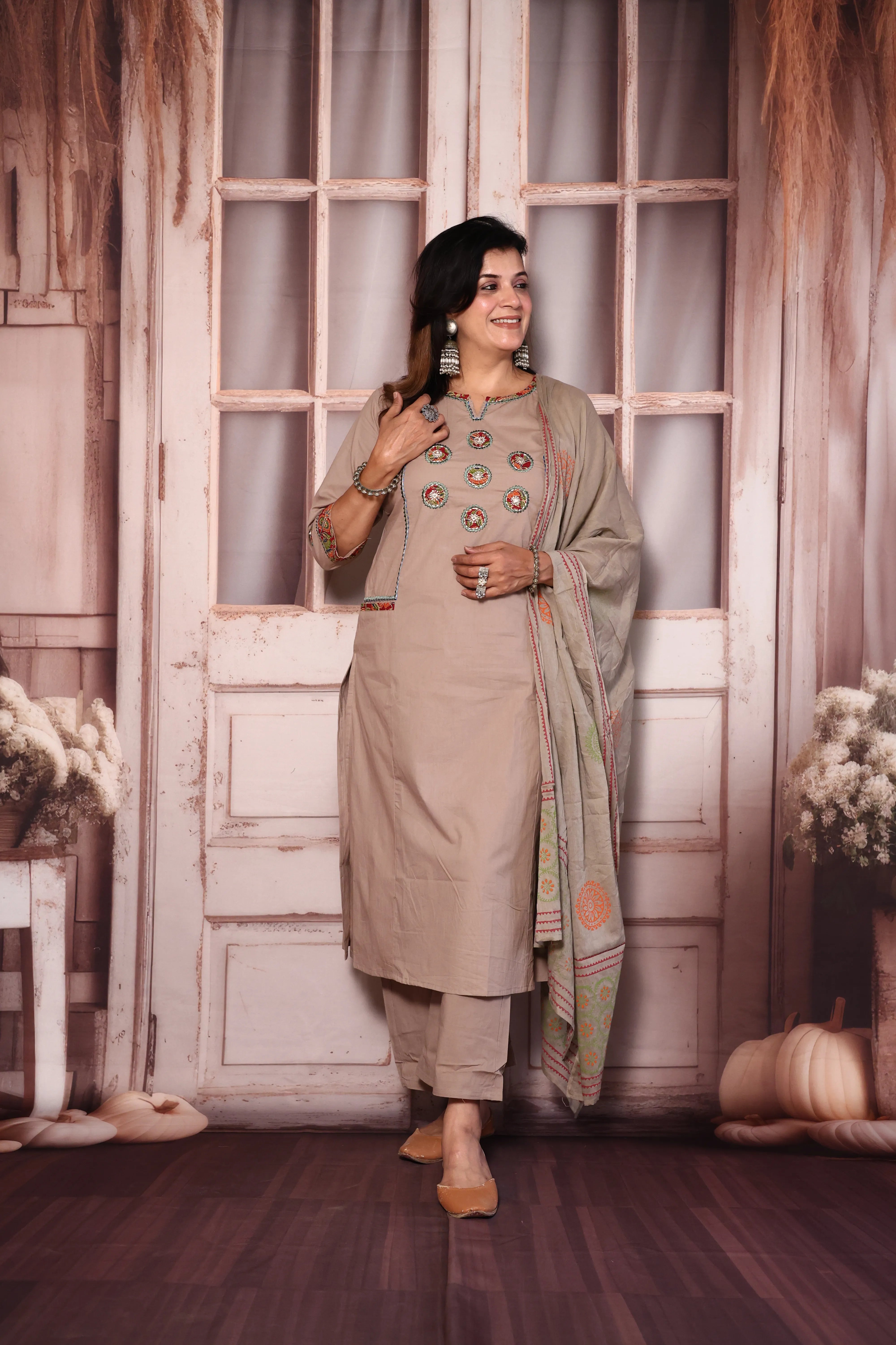 Pinkish Grey Yoke Work Kurta Pant with Printed Dupatta | Foil Print & Mirror Embroidery | Cotton Ethnic Wear