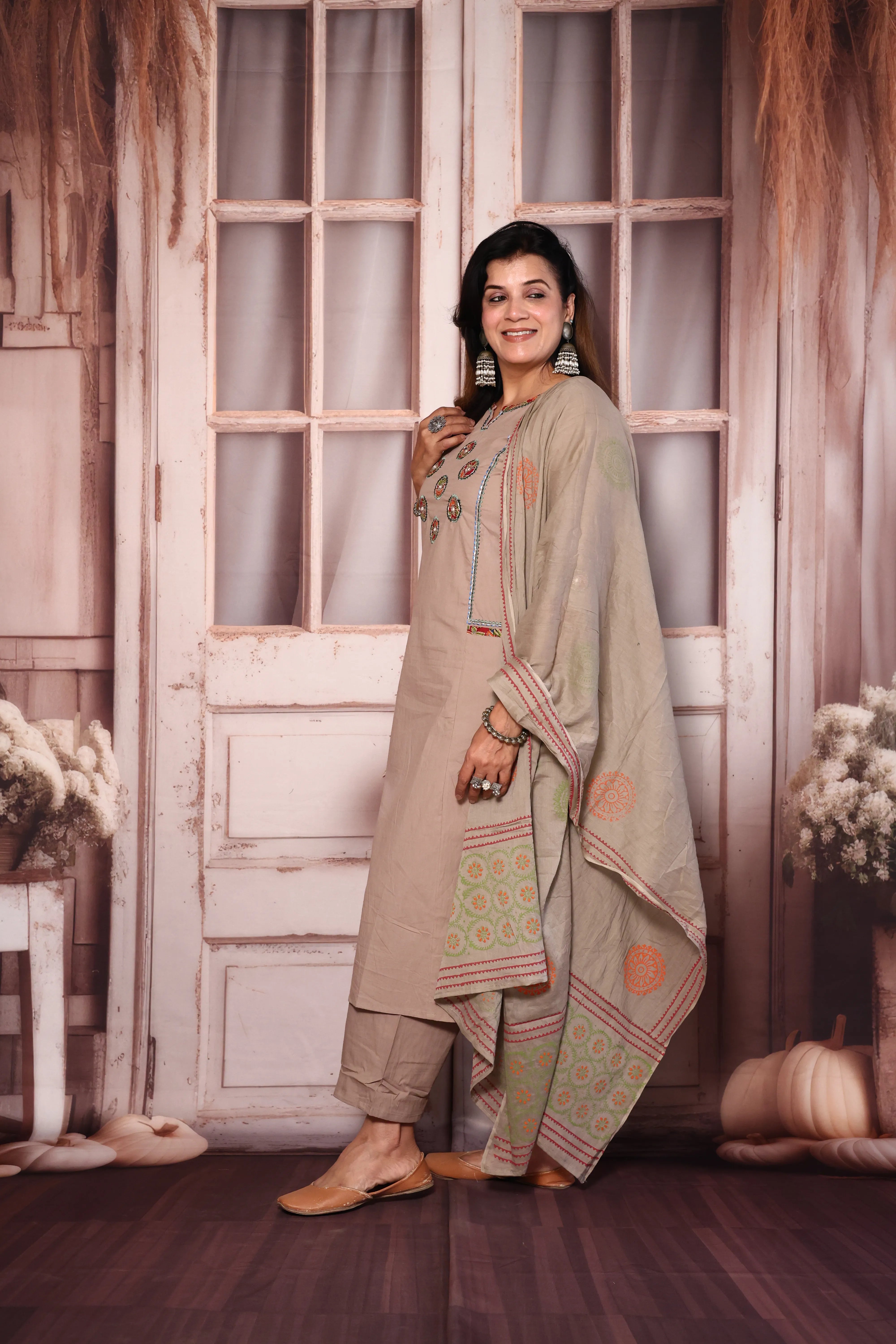 Pinkish Grey Yoke Work Kurta Pant with Printed Dupatta | Foil Print & Mirror Embroidery | Cotton Ethnic Wear