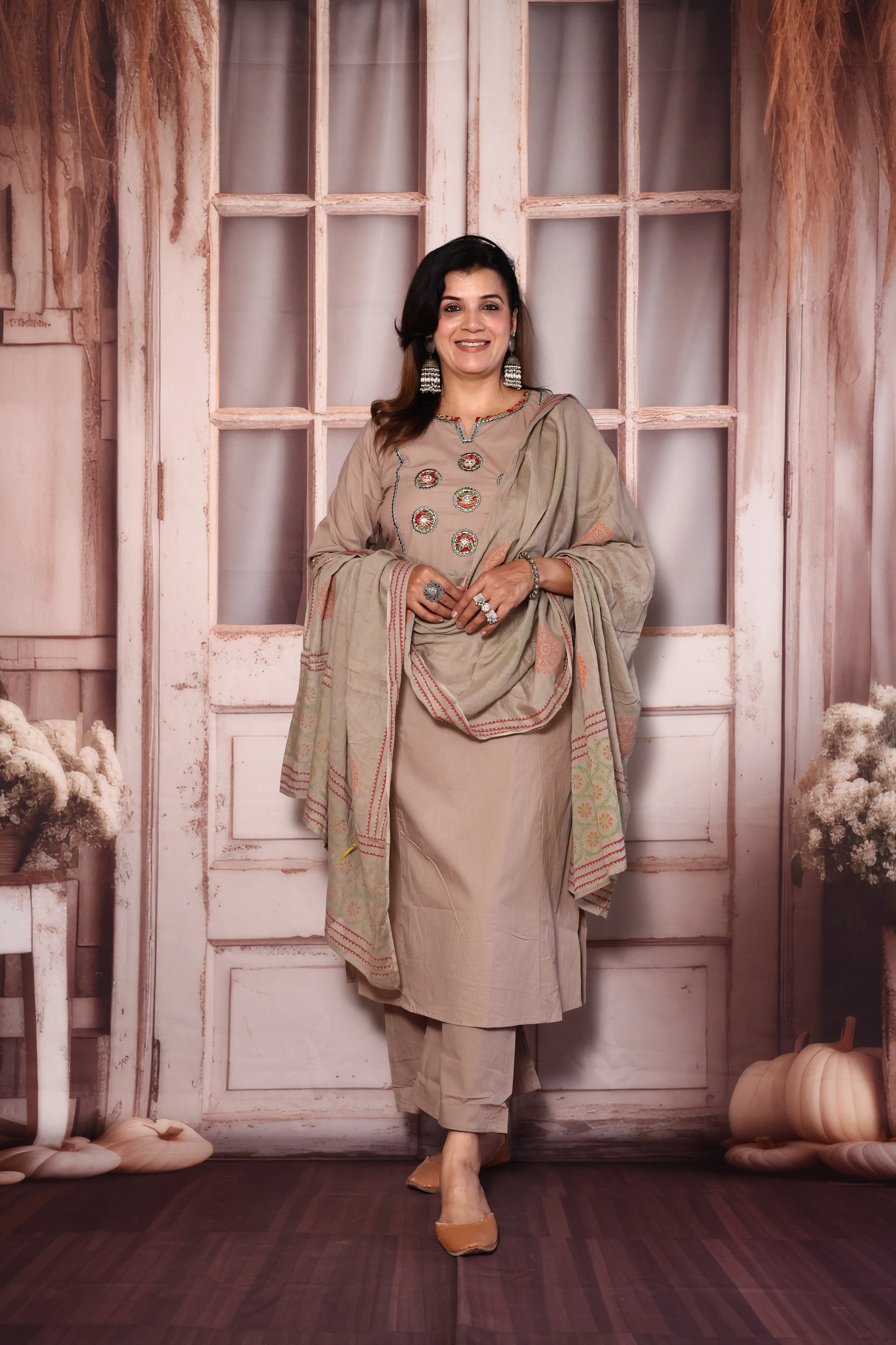 Pinkish Grey Yoke Work Kurta Pant with Printed Dupatta | Foil Print & Mirror Embroidery | Cotton Ethnic Wear