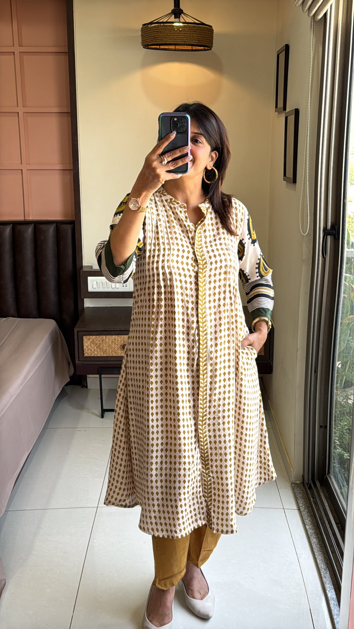 Dark Mustard Printed A-Line Kurti Pant Set | Pure Crepe Elegant Ethnic Wear