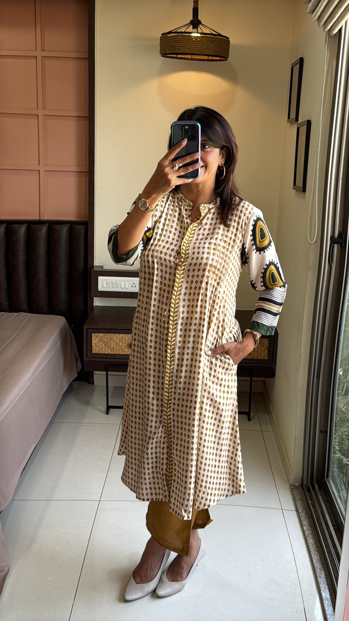 Dark Mustard Printed A-Line Kurti Pant Set | Pure Crepe Elegant Ethnic Wear