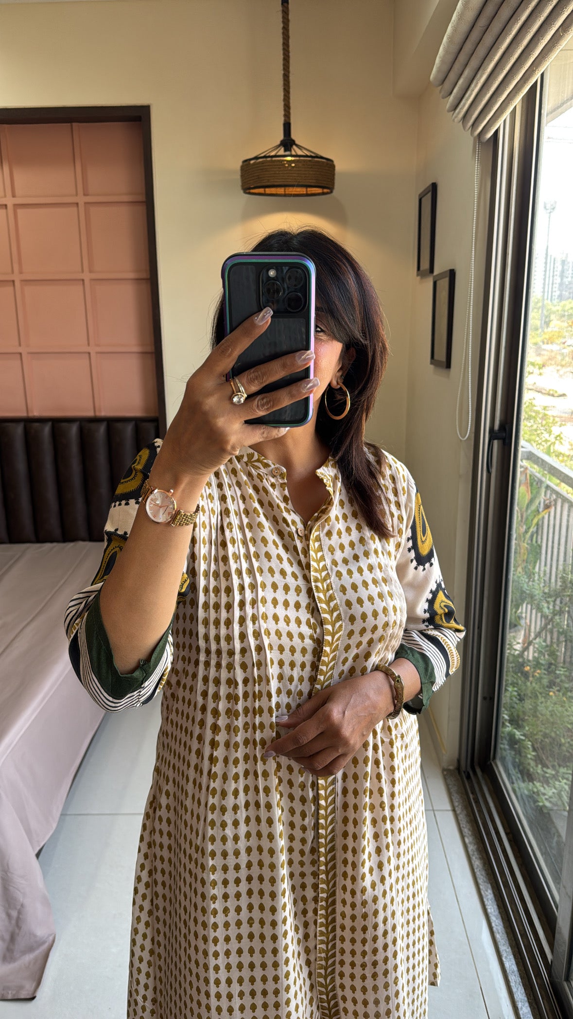 Dark Mustard Printed A-Line Kurti Pant Set | Pure Crepe Elegant Ethnic Wear