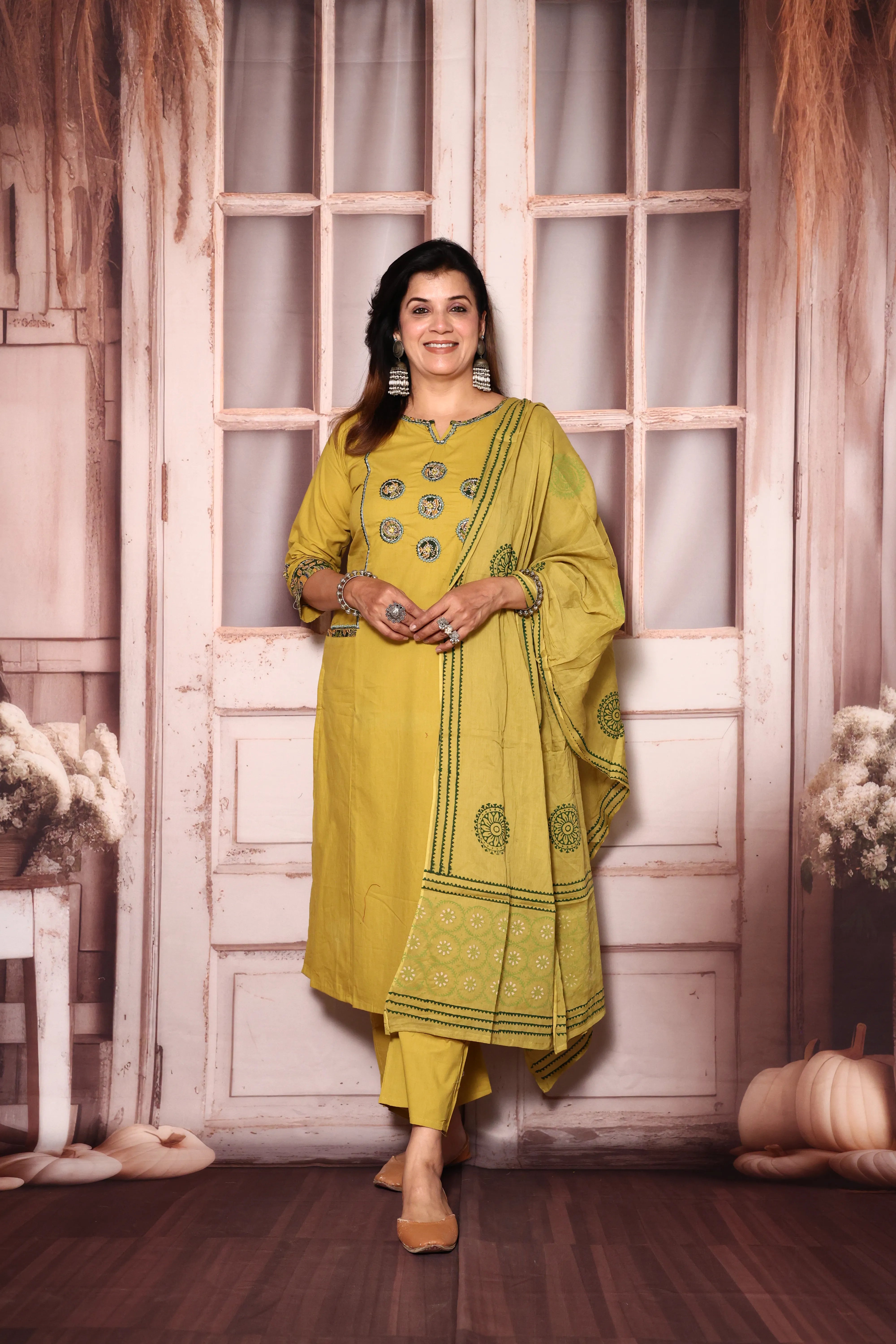 Lemon Yellow Yoke Work Kurta Pant with Printed Dupatta | Foil Print & Mirror Embroidery | Cotton Ethnic Wear