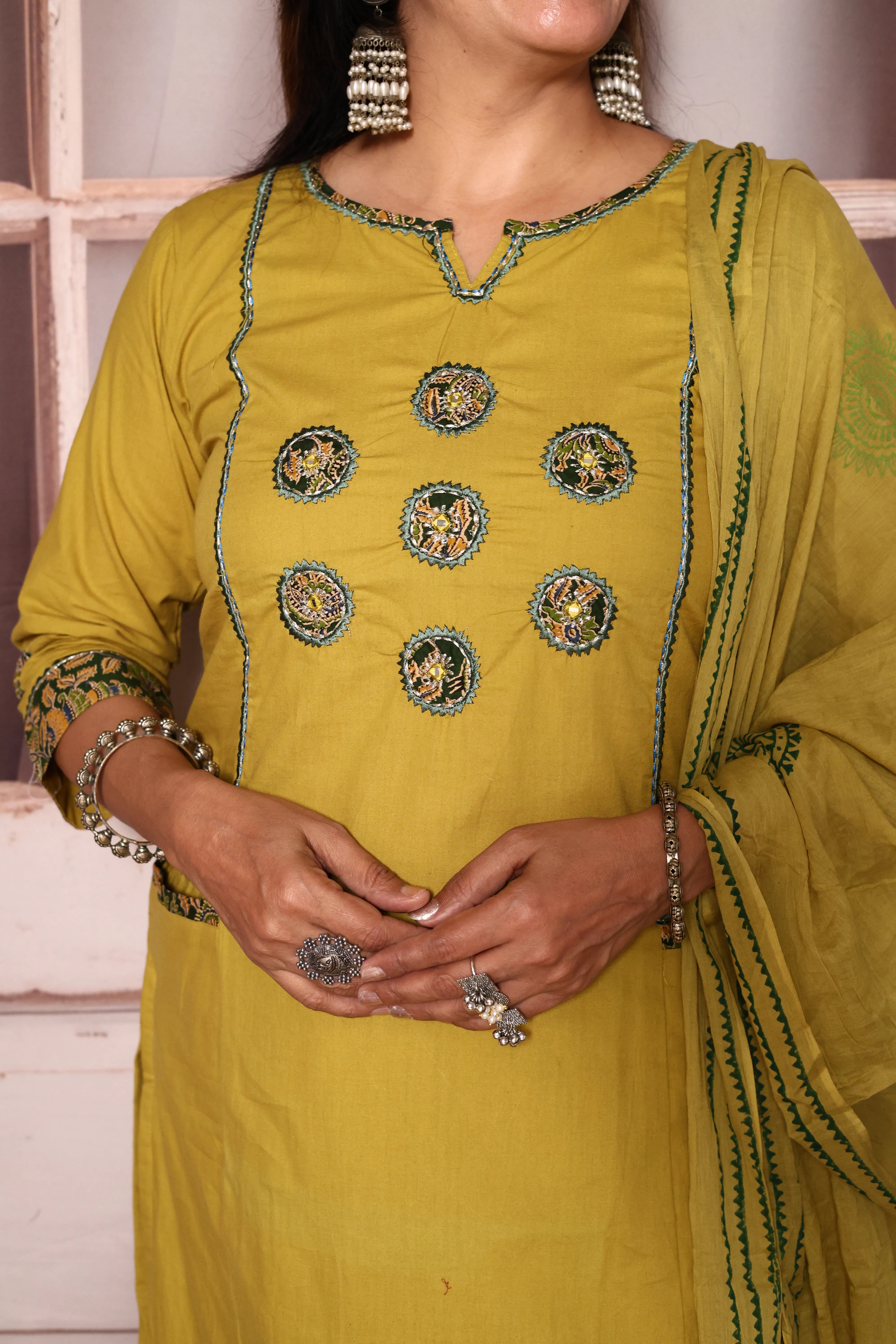 Lemon Yellow Yoke Work Kurta Pant with Printed Dupatta | Foil Print & Mirror Embroidery | Cotton Ethnic Wear