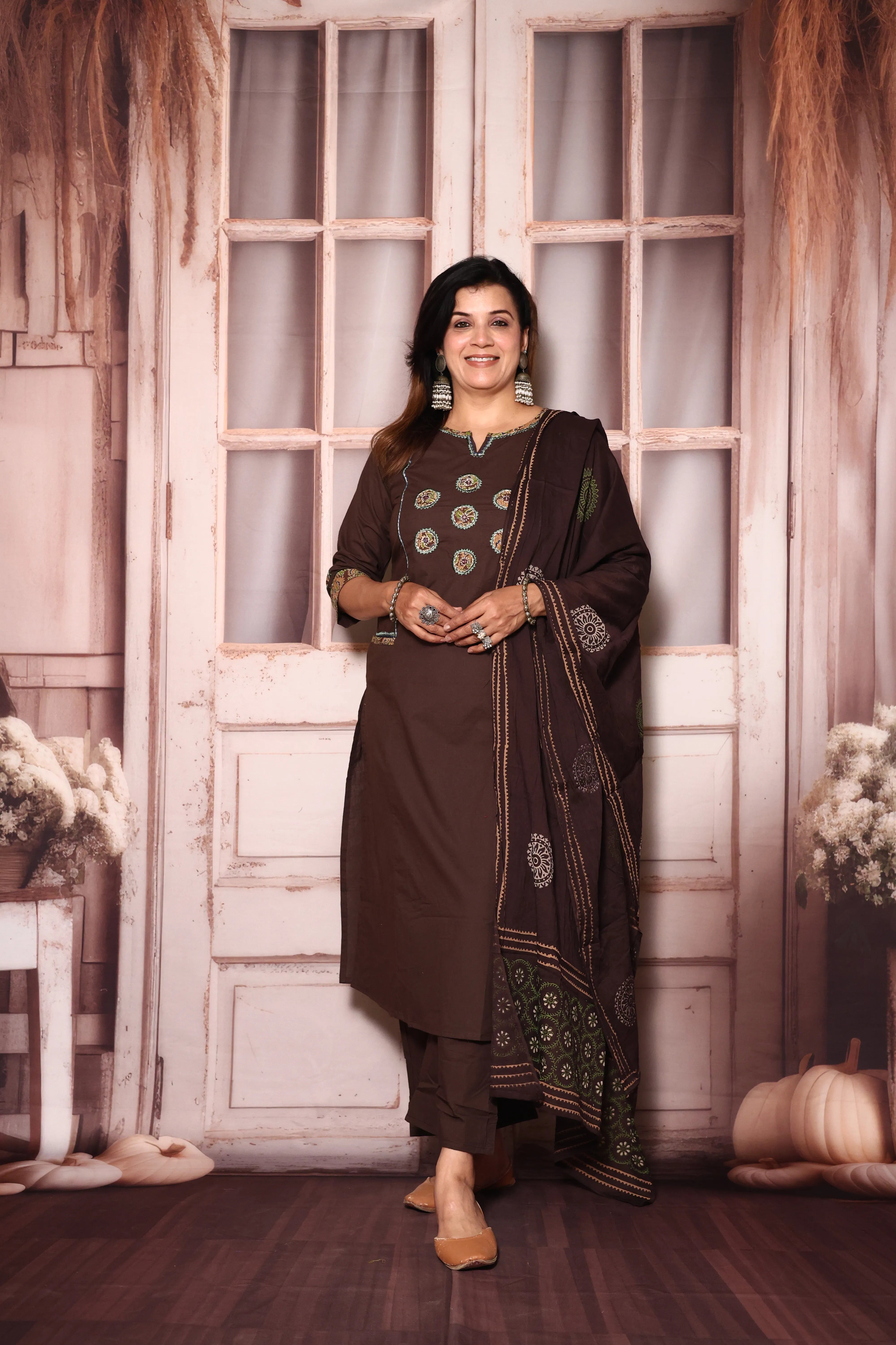 Brown Yoke Work Kurta Pant with Printed Dupatta | Foil Print & Mirror Embroidery | Cotton Ethnic Wear