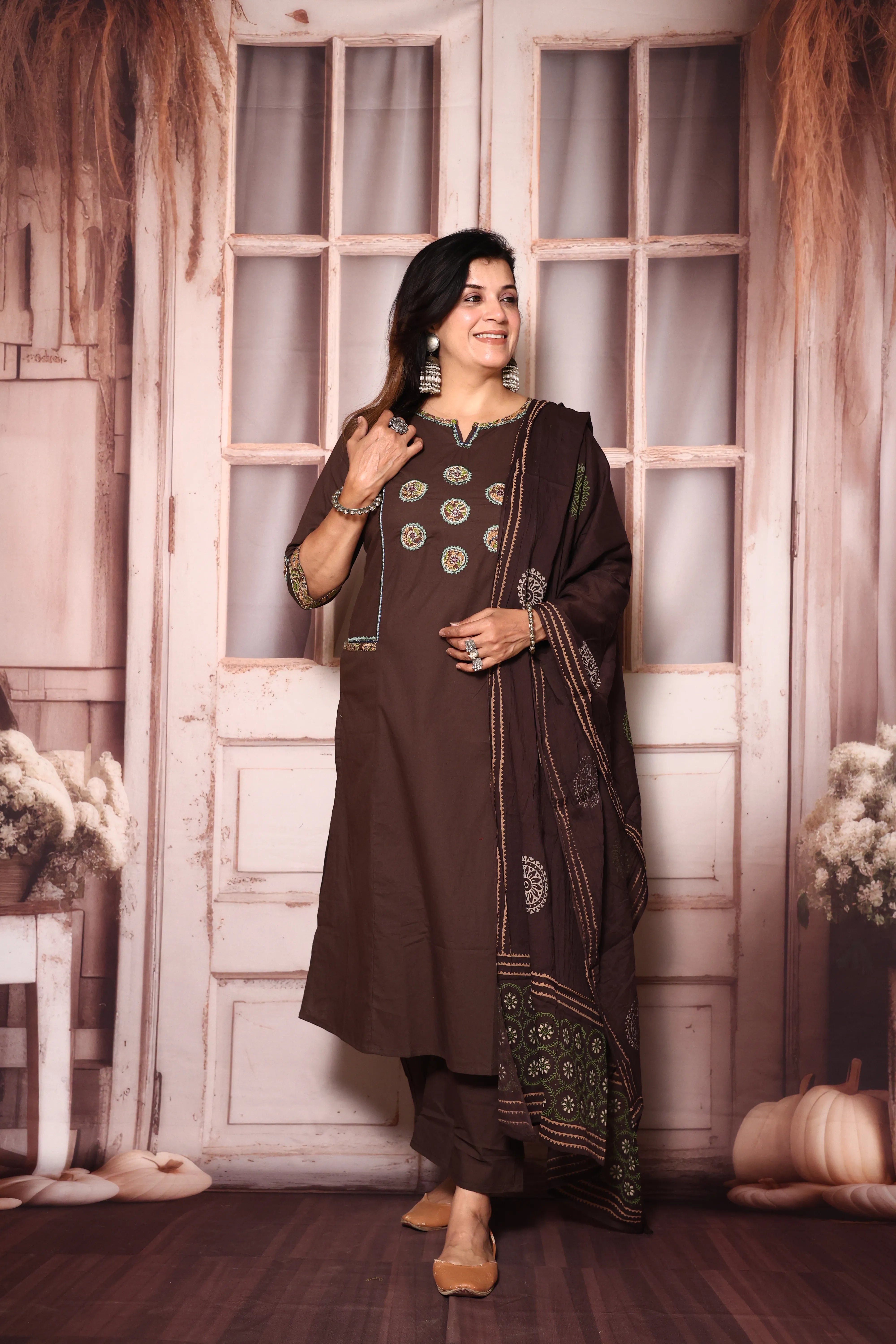 Brown Yoke Work Kurta Pant with Printed Dupatta | Foil Print & Mirror Embroidery | Cotton Ethnic Wear