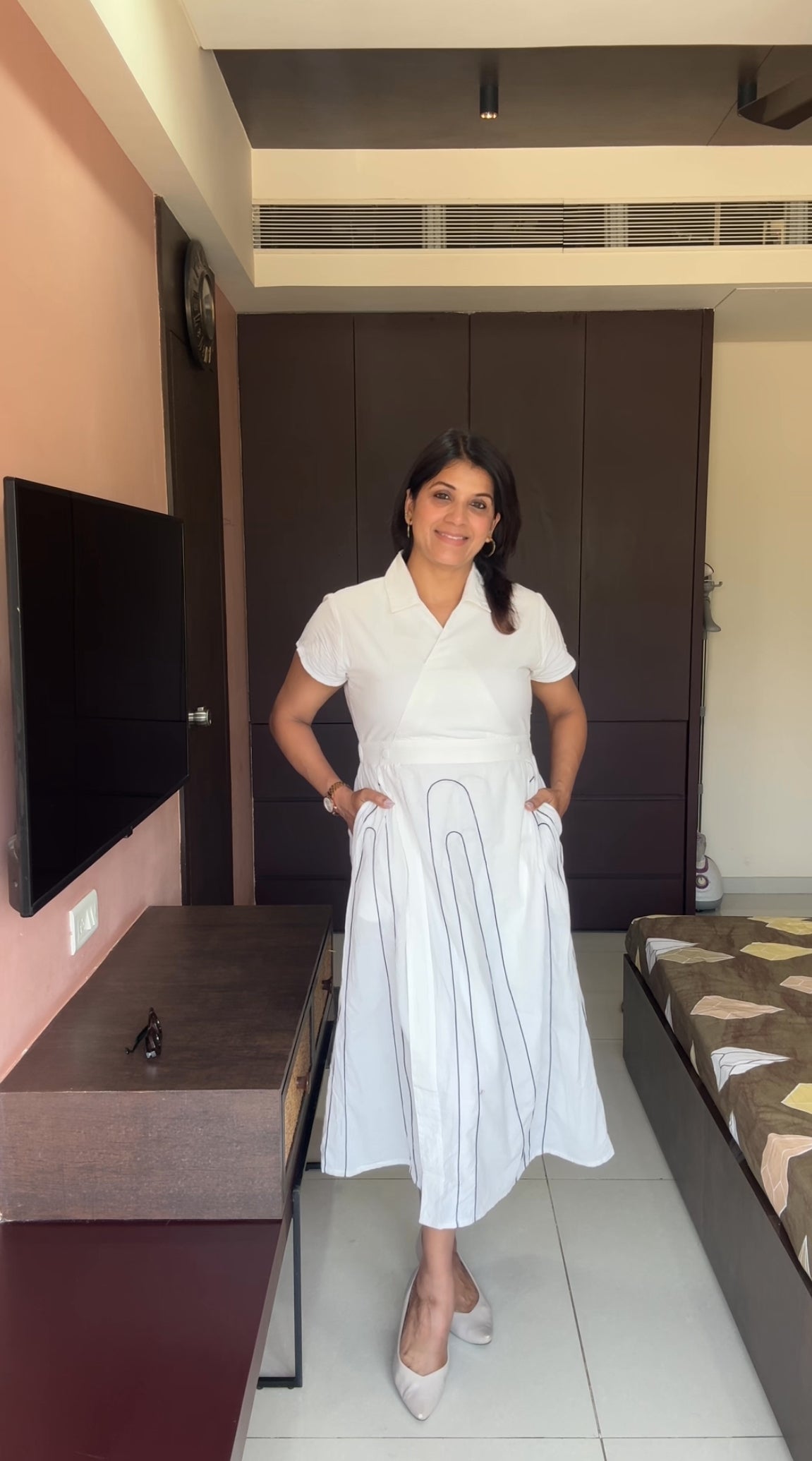 White Soft Cotton One Piece Dress with Pockets | Dori Work Casual Elegant Wear