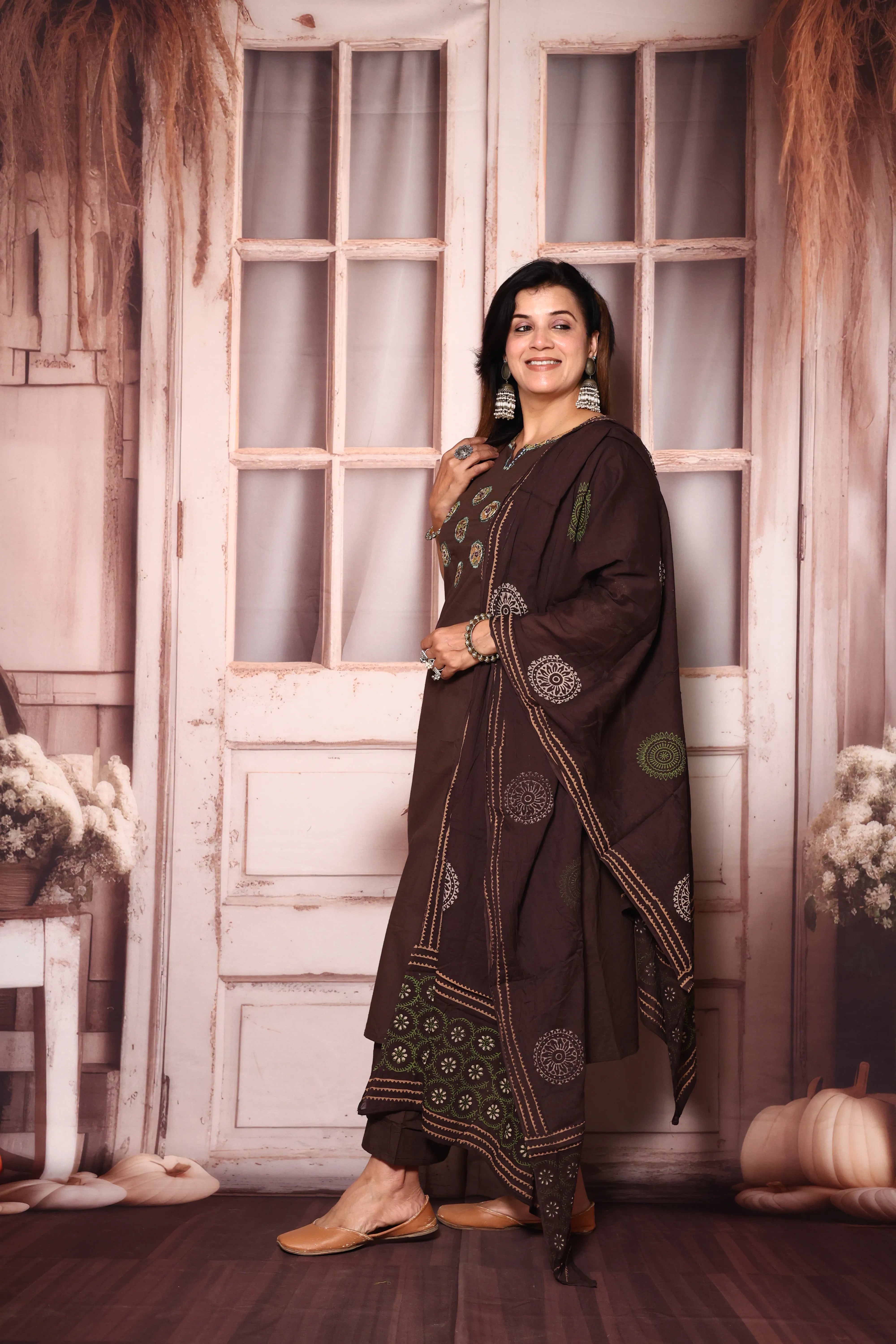 Brown Yoke Work Kurta Pant with Printed Dupatta | Foil Print & Mirror Embroidery | Cotton Ethnic Wear