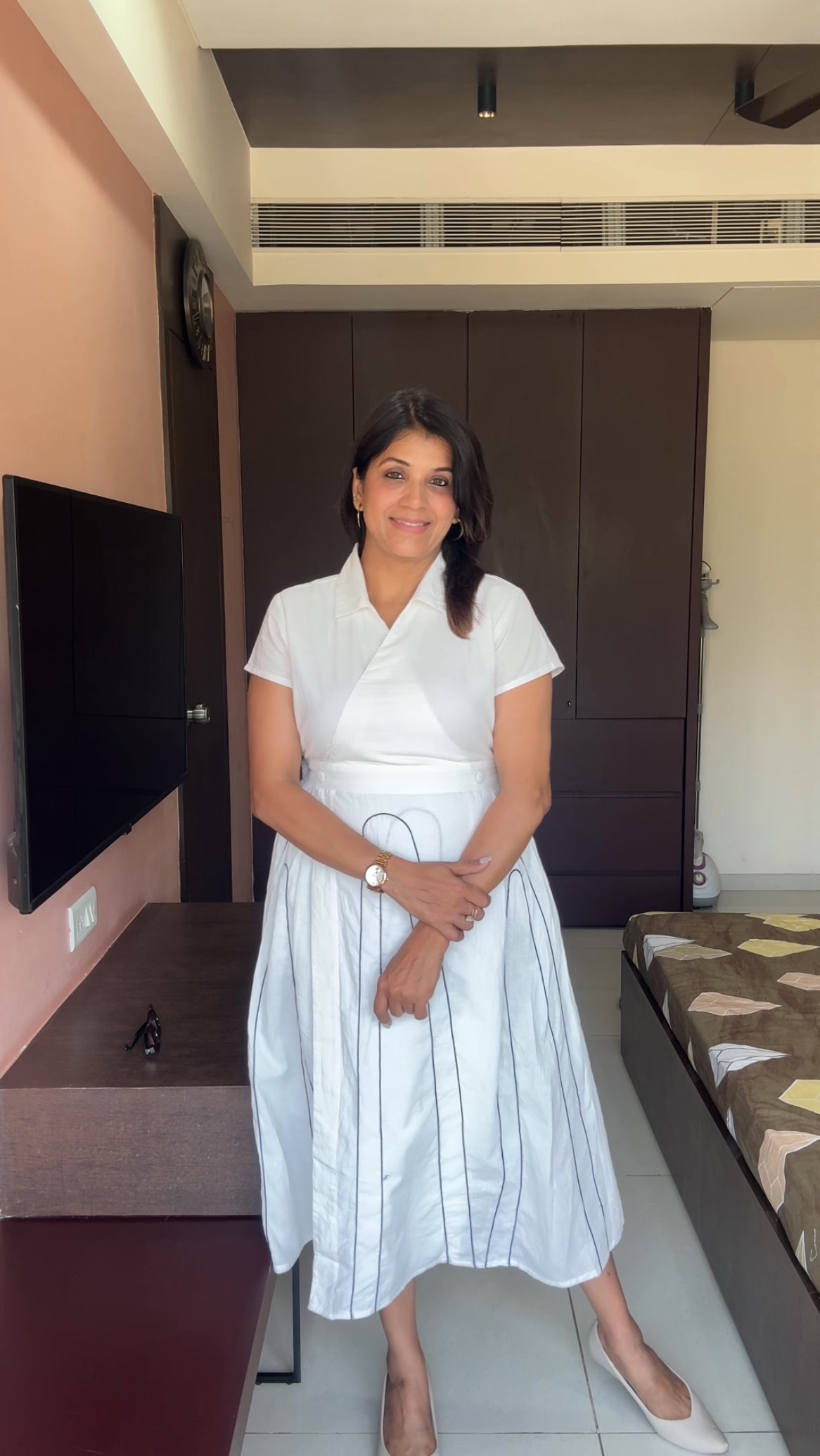 White Soft Cotton One Piece Dress with Pockets | Dori Work Casual Elegant Wear