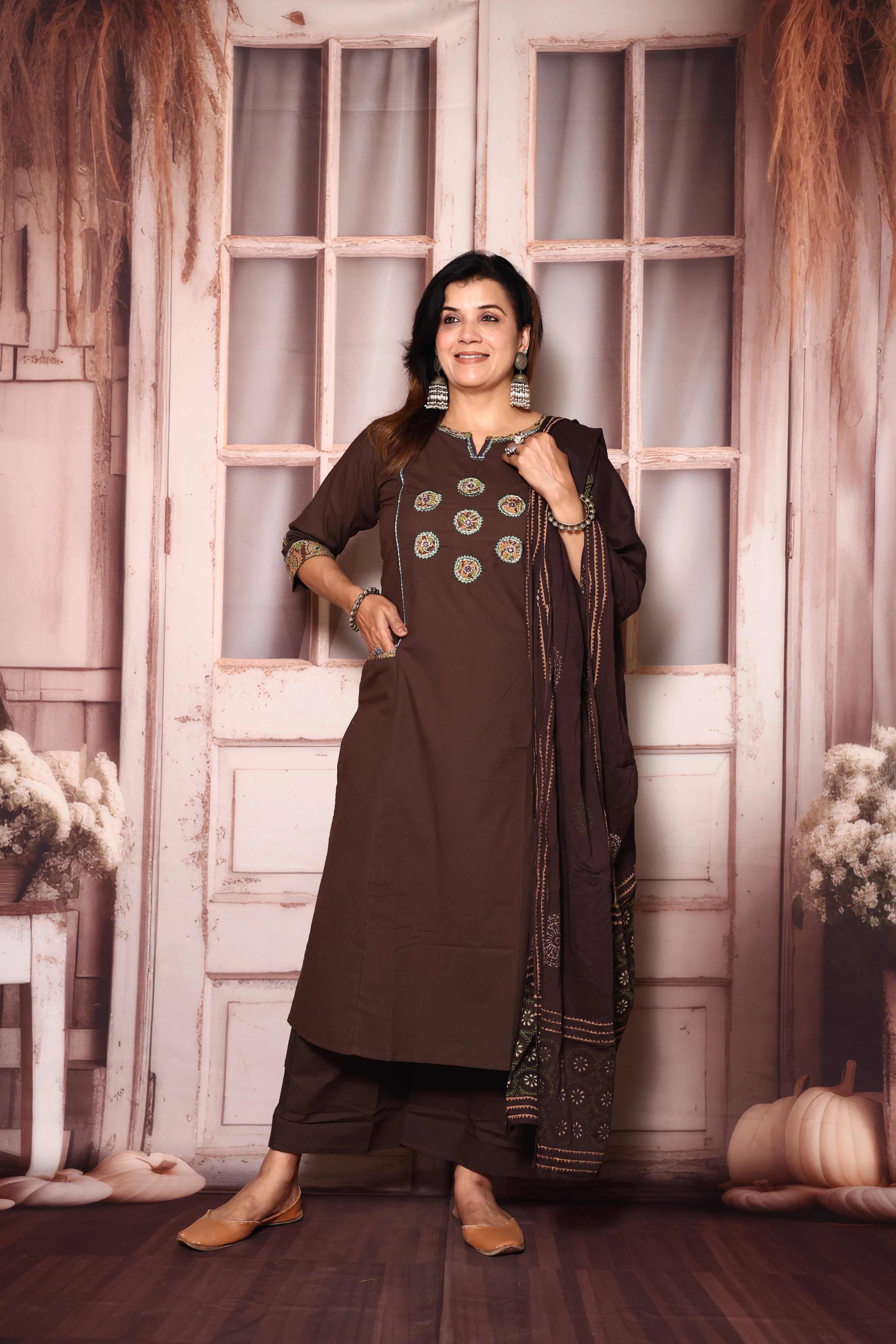 Brown Yoke Work Kurta Pant with Printed Dupatta | Foil Print & Mirror Embroidery | Cotton Ethnic Wear