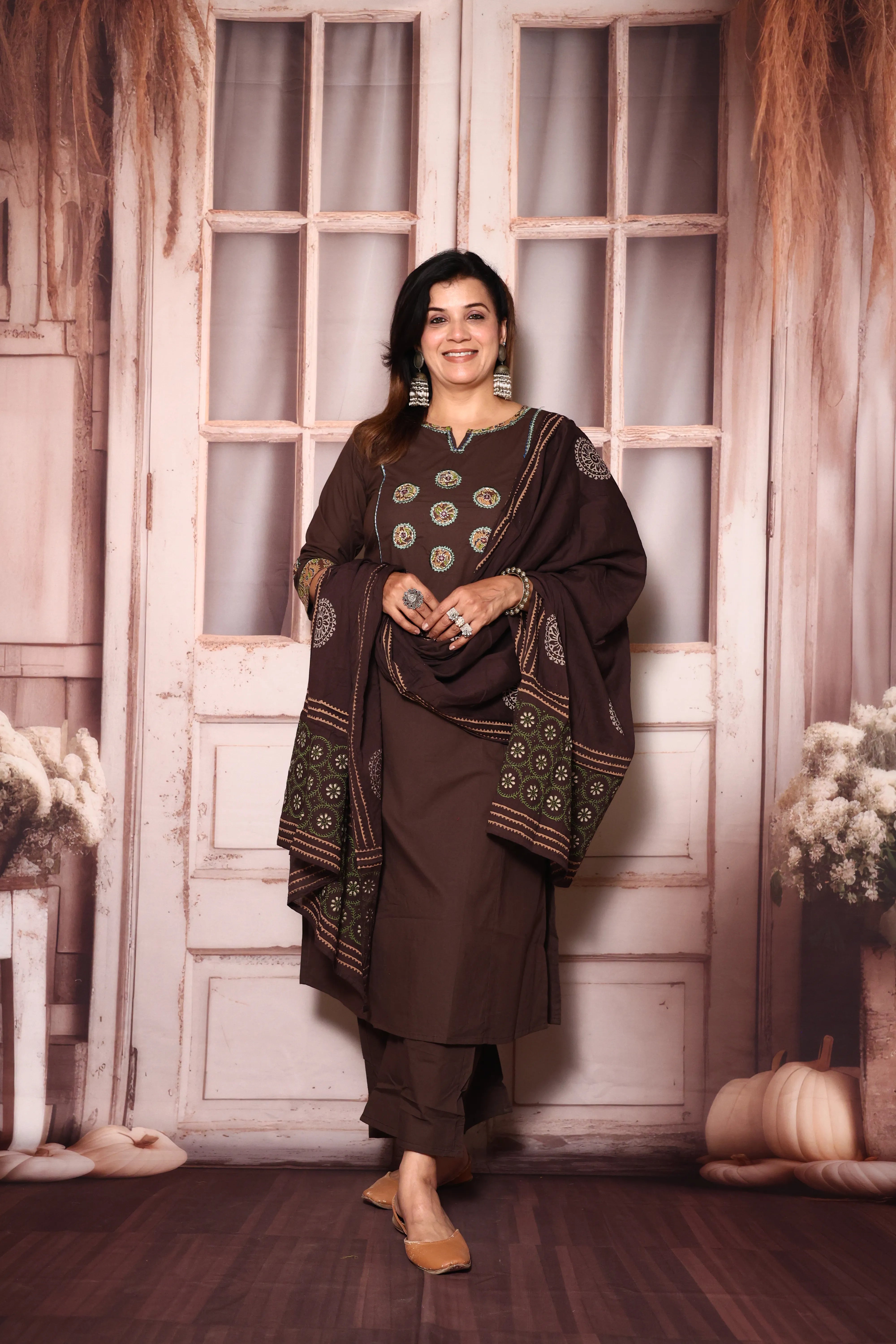 Brown Yoke Work Kurta Pant with Printed Dupatta | Foil Print & Mirror Embroidery | Cotton Ethnic Wear