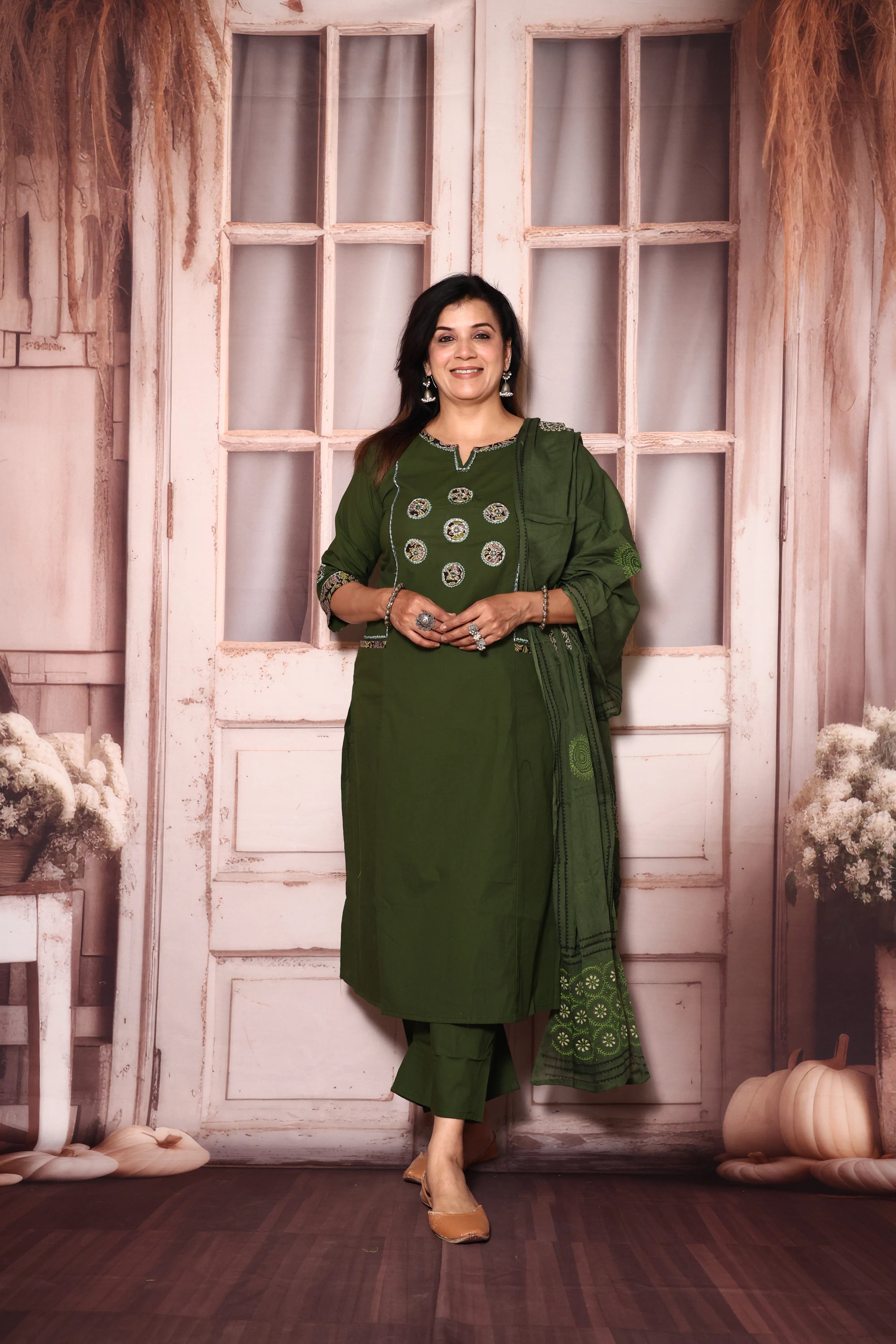 Dark Olive Yoke Work Kurta Pant with Printed Dupatta | Foil Print & Mirror Embroidery | Cotton Ethnic Wear