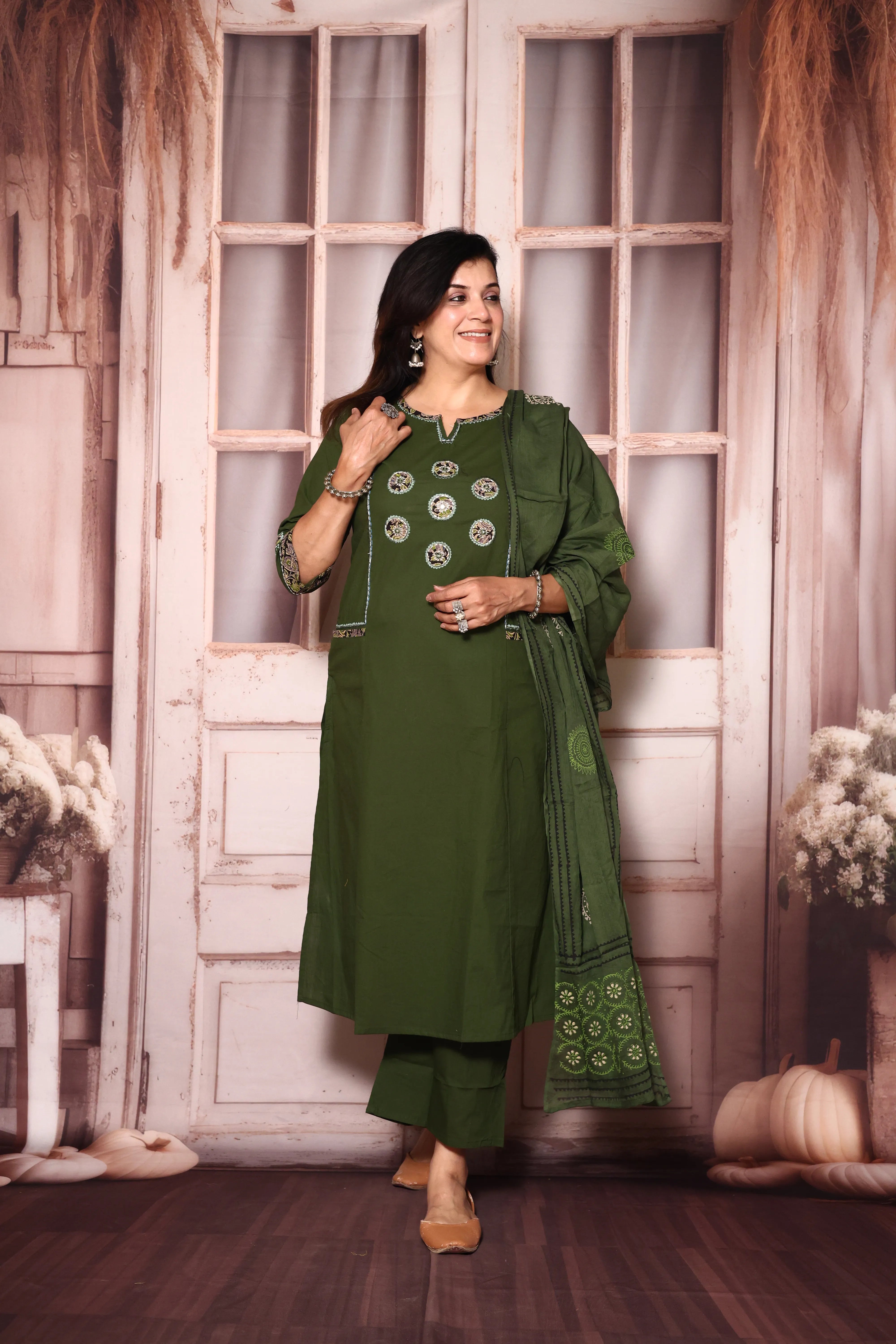 Dark Olive Yoke Work Kurta Pant with Printed Dupatta | Foil Print & Mirror Embroidery | Cotton Ethnic Wear