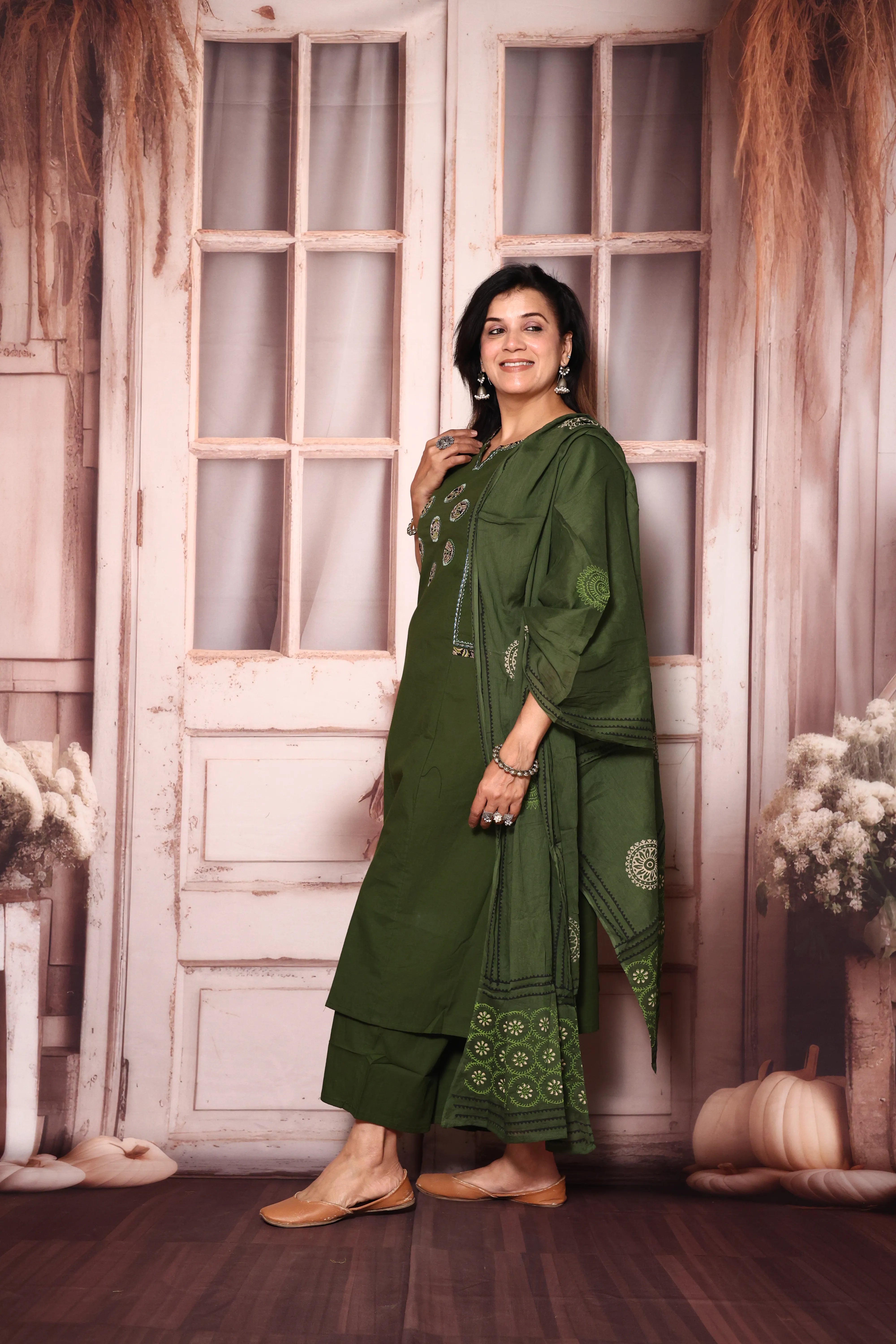 Dark Olive Yoke Work Kurta Pant with Printed Dupatta | Foil Print & Mirror Embroidery | Cotton Ethnic Wear