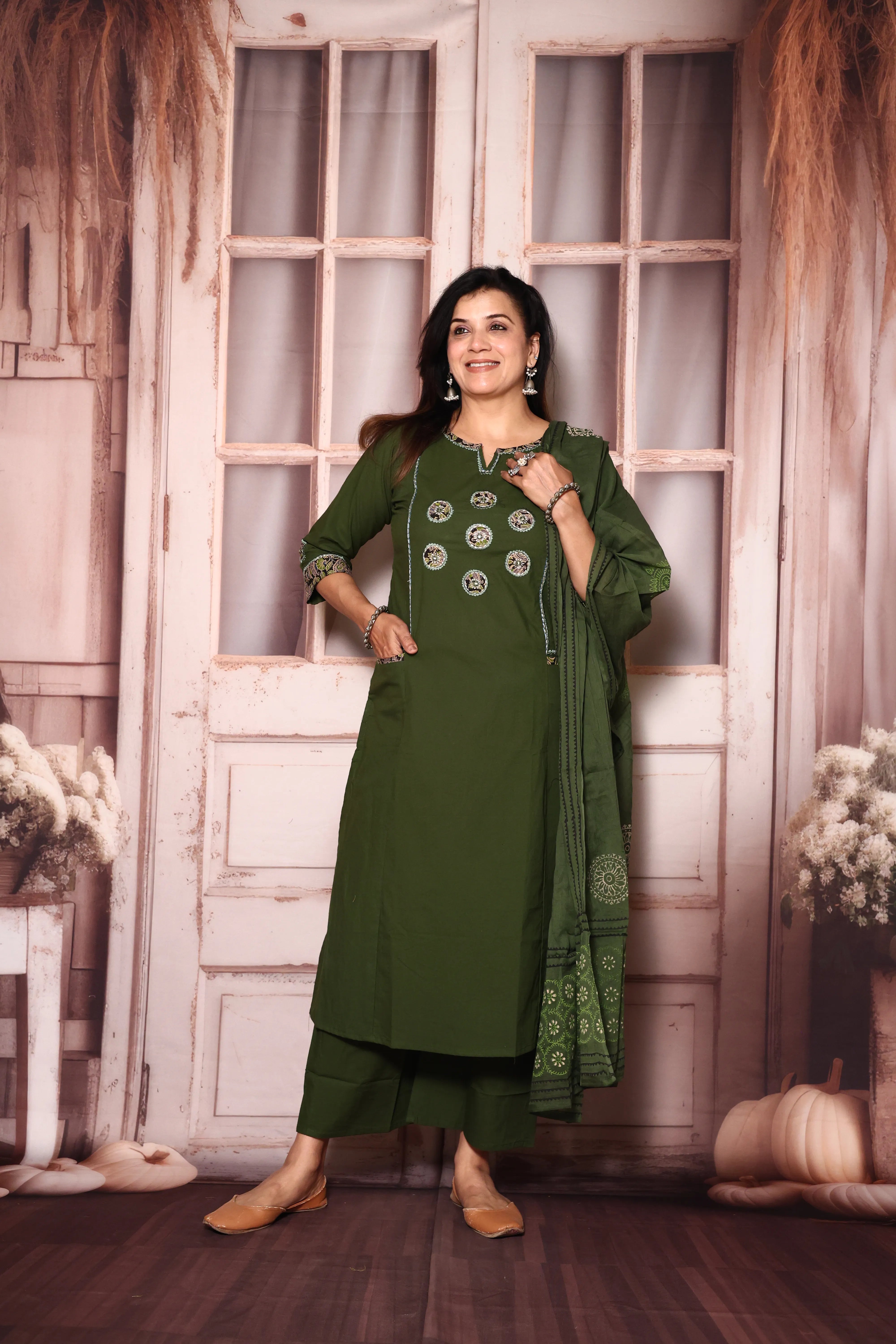 Dark Olive Yoke Work Kurta Pant with Printed Dupatta | Foil Print & Mirror Embroidery | Cotton Ethnic Wear