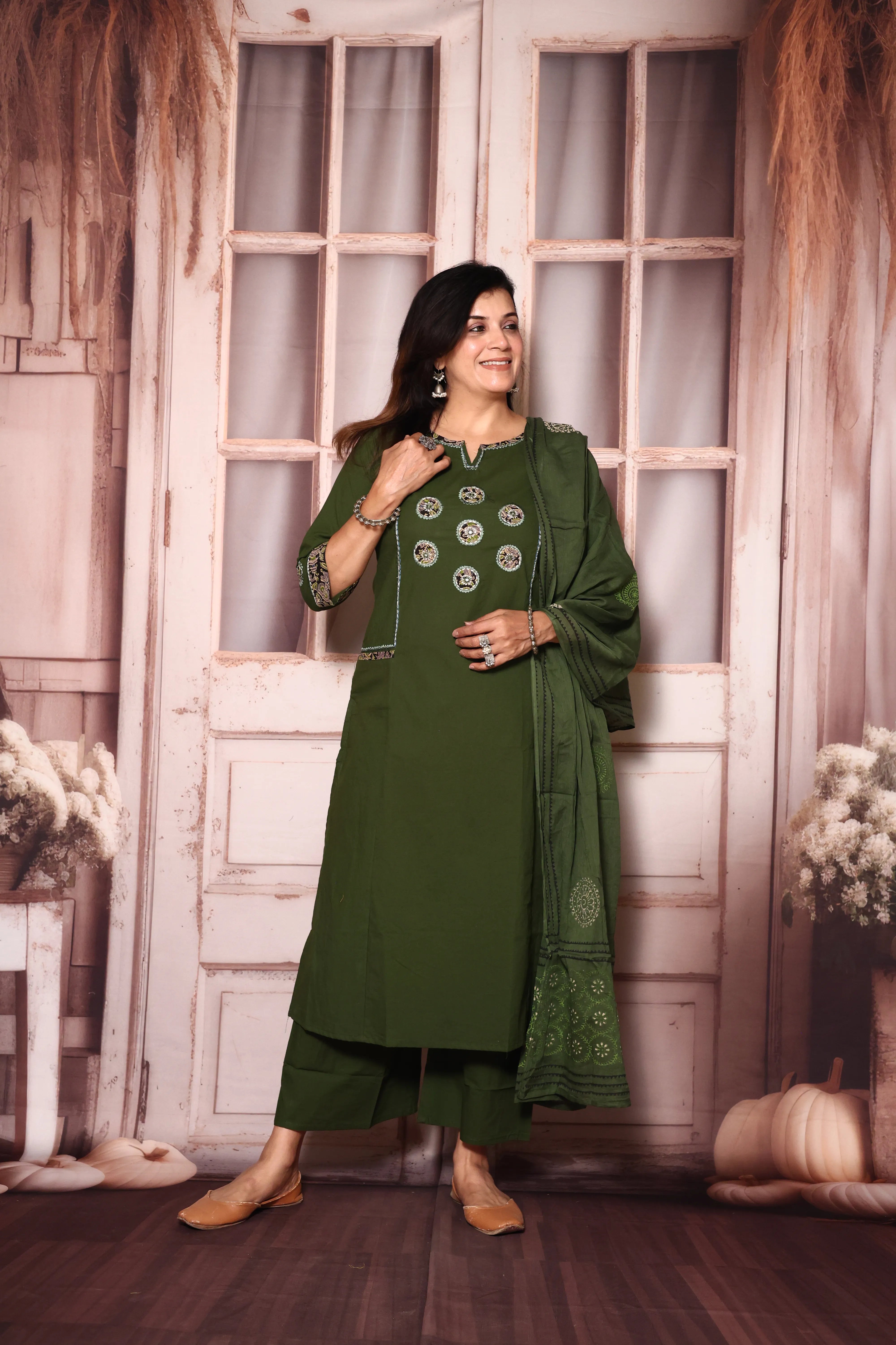 Dark Olive Yoke Work Kurta Pant with Printed Dupatta | Foil Print & Mirror Embroidery | Cotton Ethnic Wear