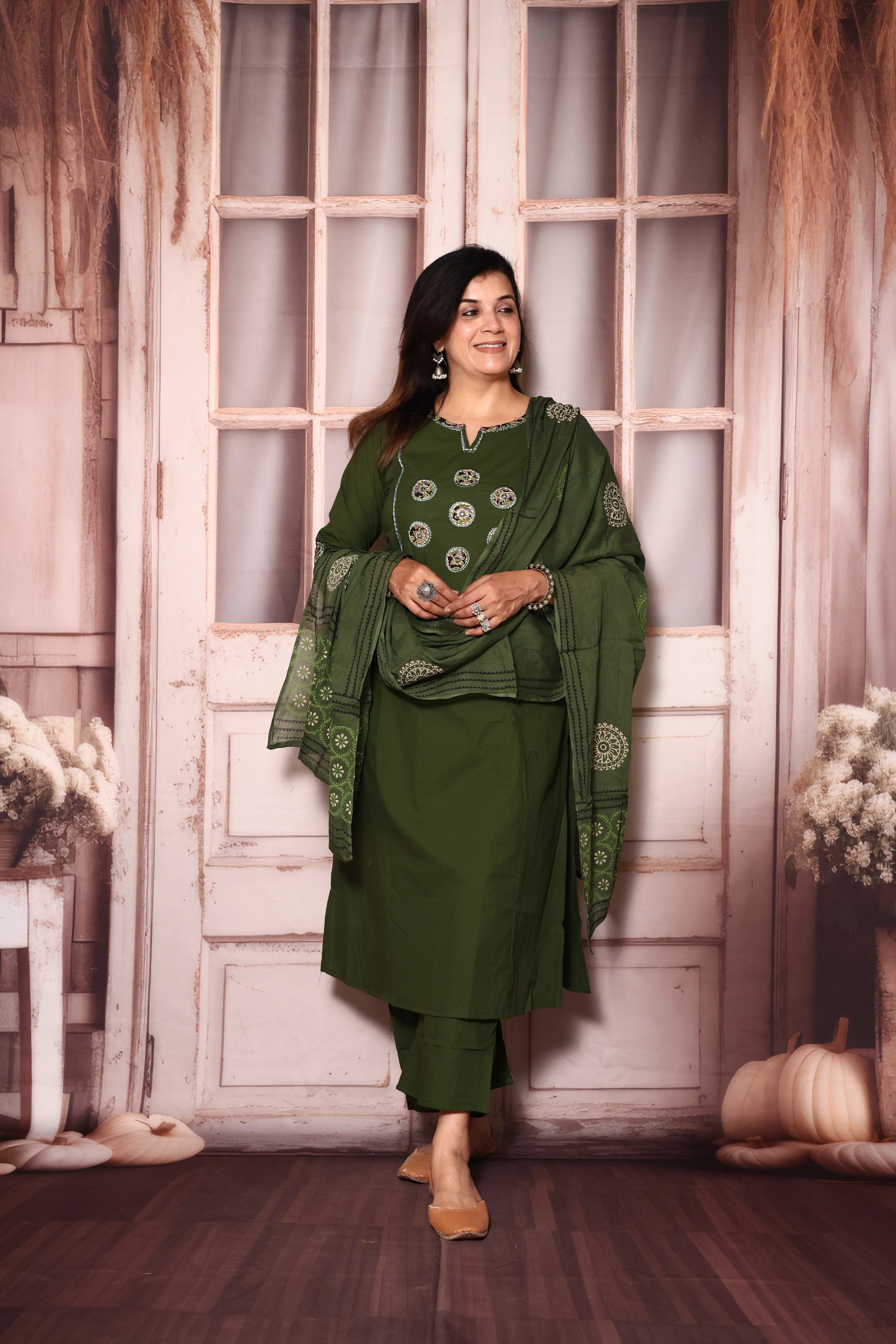 Dark Olive Yoke Work Kurta Pant with Printed Dupatta | Foil Print & Mirror Embroidery | Cotton Ethnic Wear