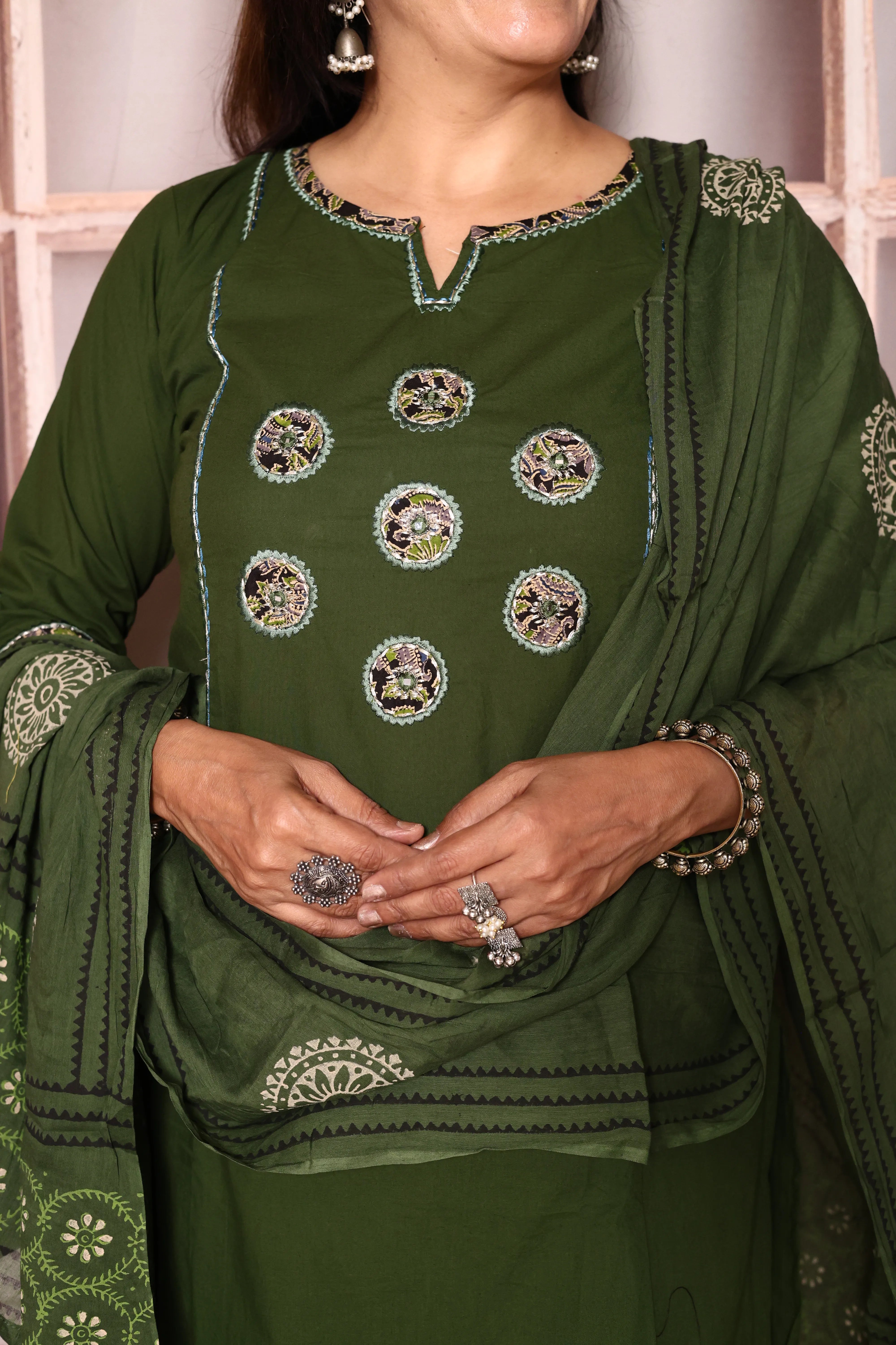Dark Olive Yoke Work Kurta Pant with Printed Dupatta | Foil Print & Mirror Embroidery | Cotton Ethnic Wear