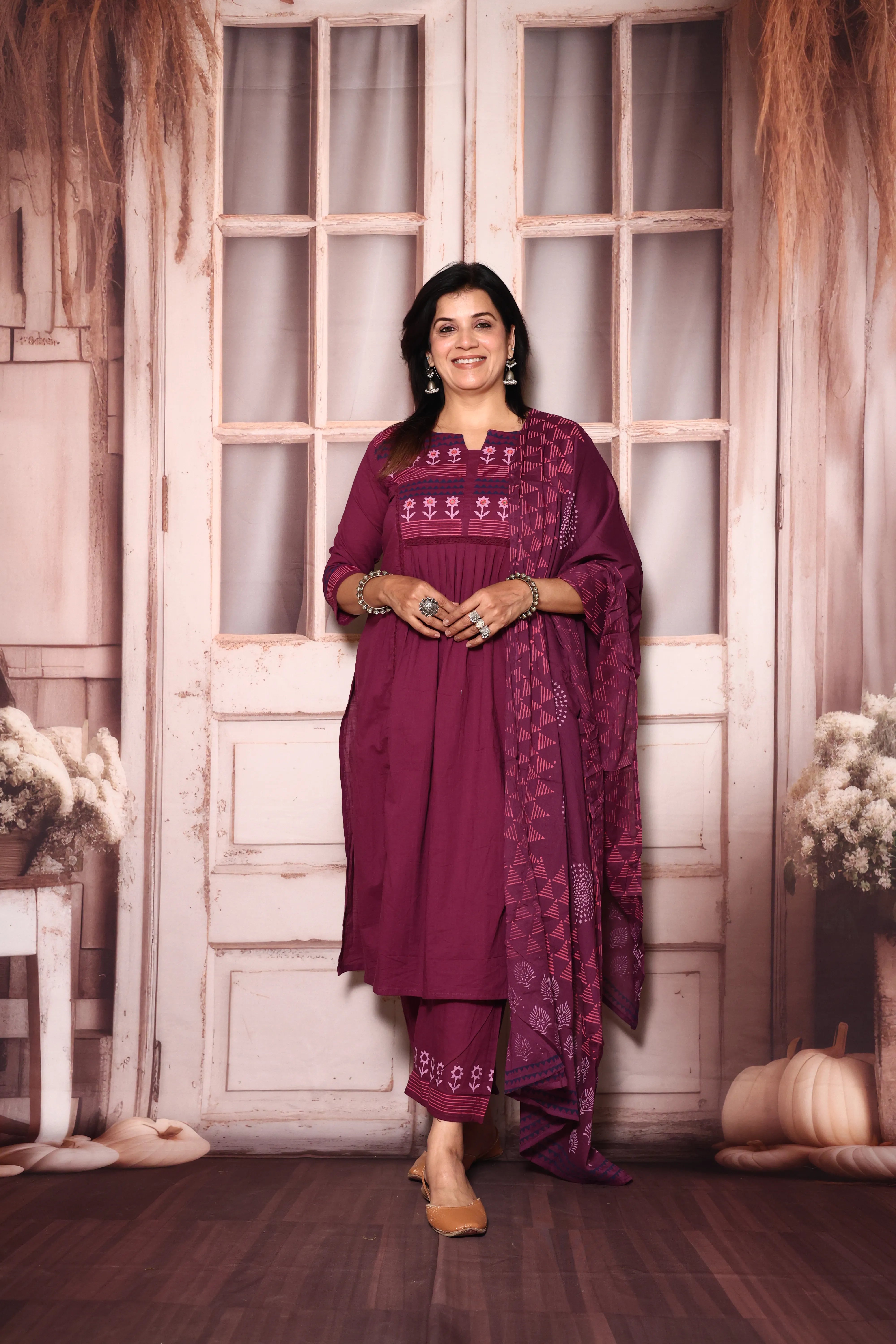 Magenta purple Yoke Work A-Line Kurta Pant with Printed Dupatta Set | Hand Painted & Mirror Work