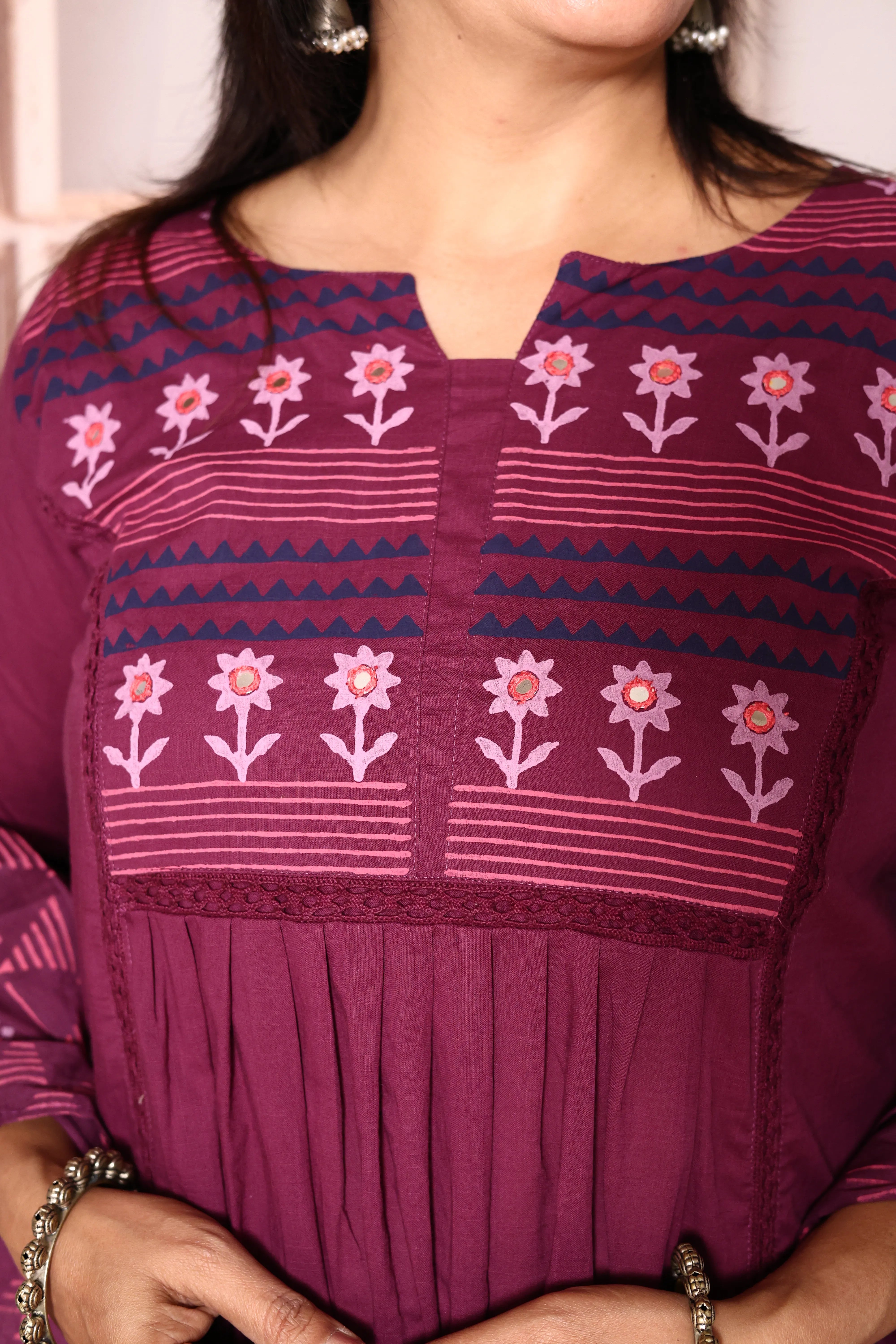 Magenta purple Yoke Work A-Line Kurta Pant with Printed Dupatta Set | Hand Painted & Mirror Work