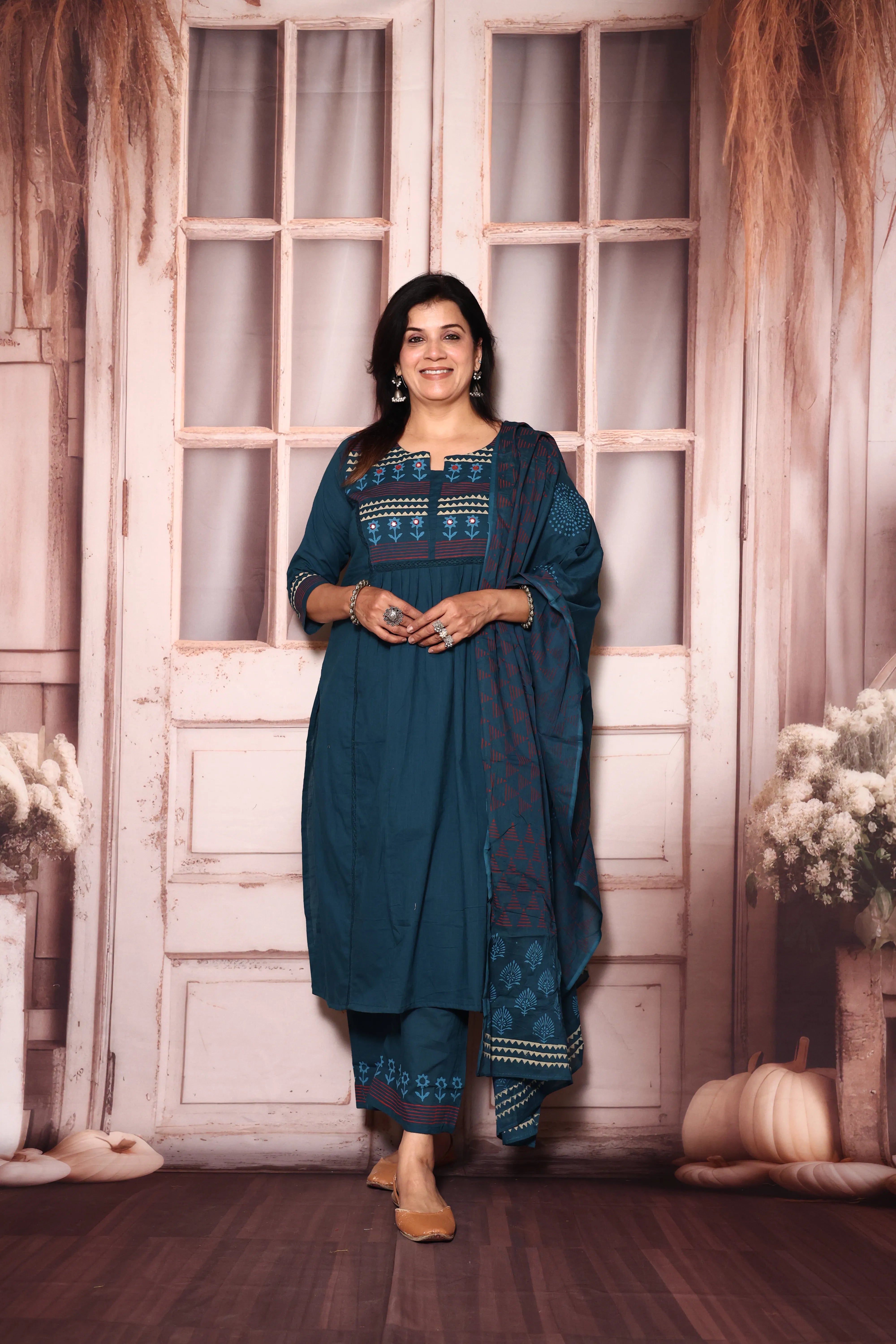 Deep teal Yoke Work A-Line Kurta Pant with Printed Dupatta Set | Hand Painted & Mirror Work