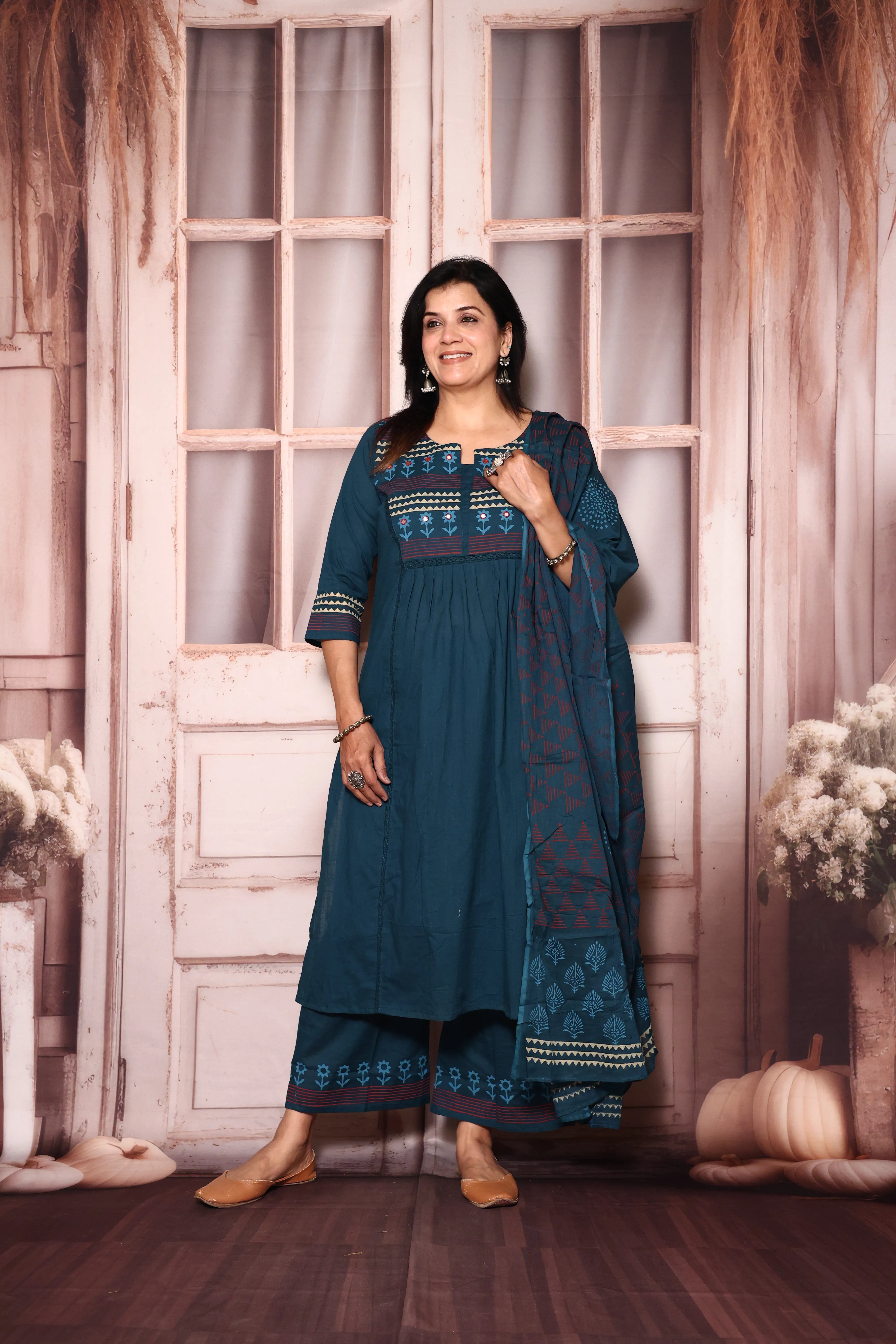 Deep teal Yoke Work A-Line Kurta Pant with Printed Dupatta Set | Hand Painted & Mirror Work