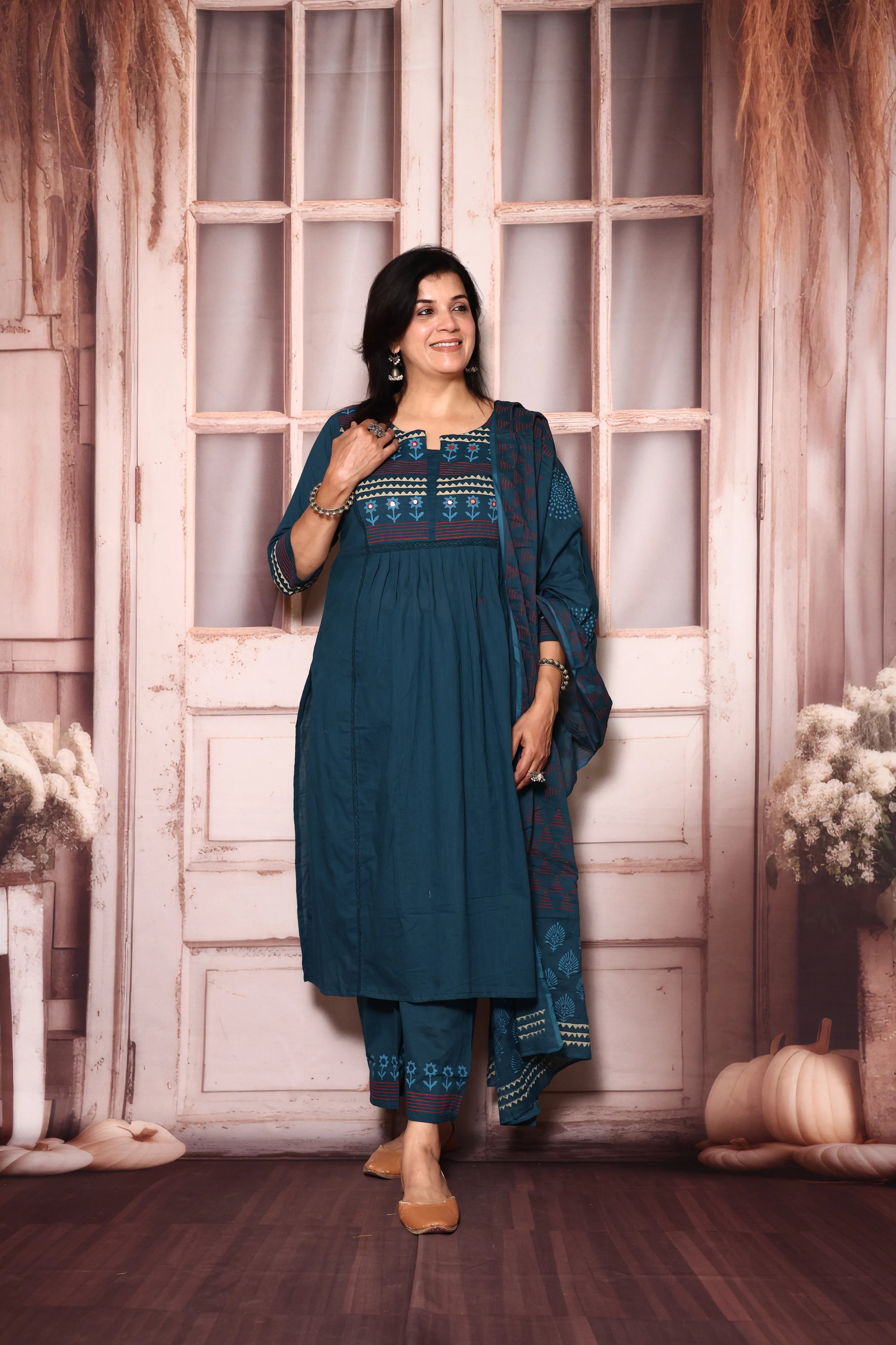Deep teal Yoke Work A-Line Kurta Pant with Printed Dupatta Set | Hand Painted & Mirror Work