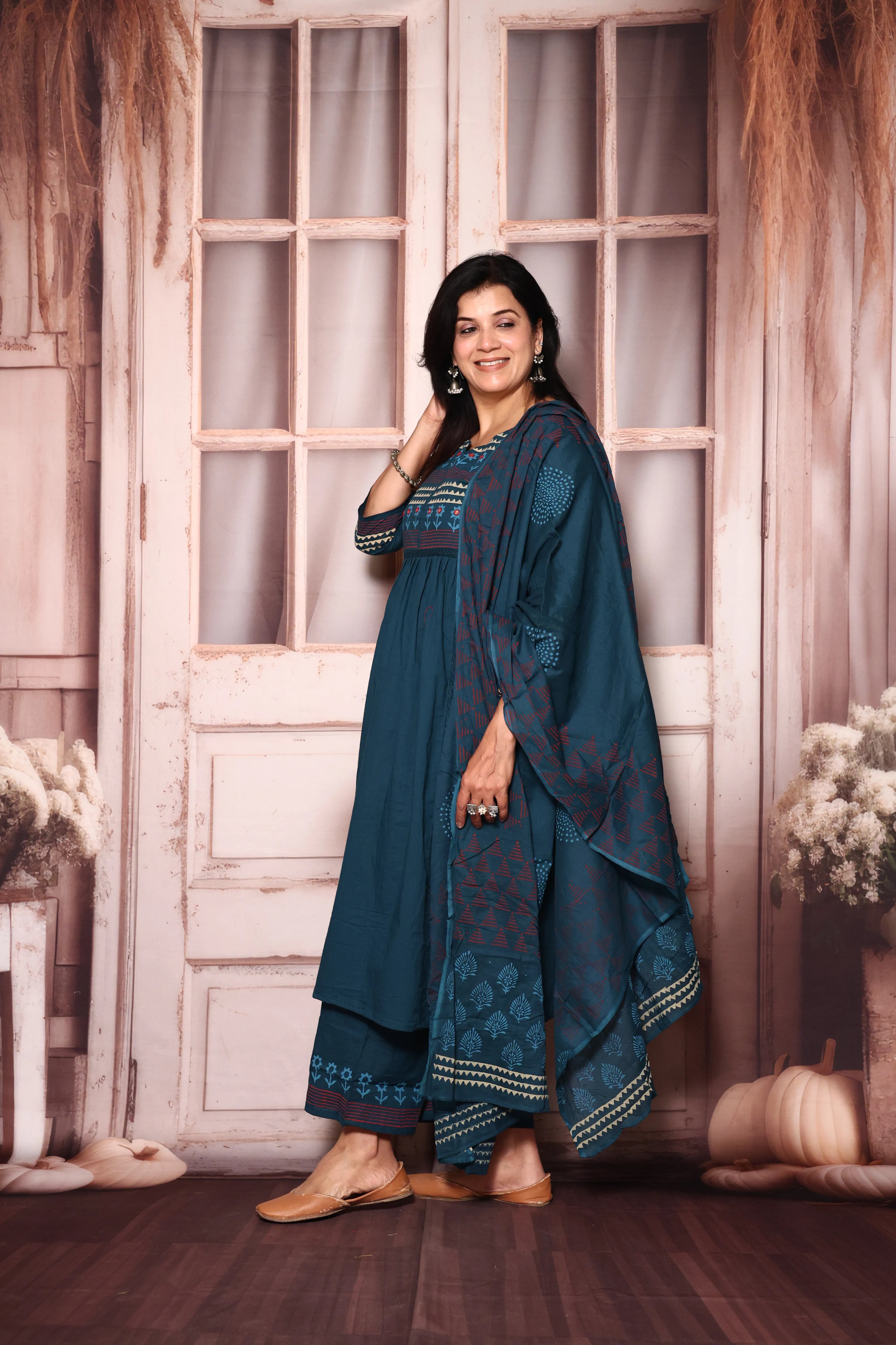 Deep teal Yoke Work A-Line Kurta Pant with Printed Dupatta Set | Hand Painted & Mirror Work
