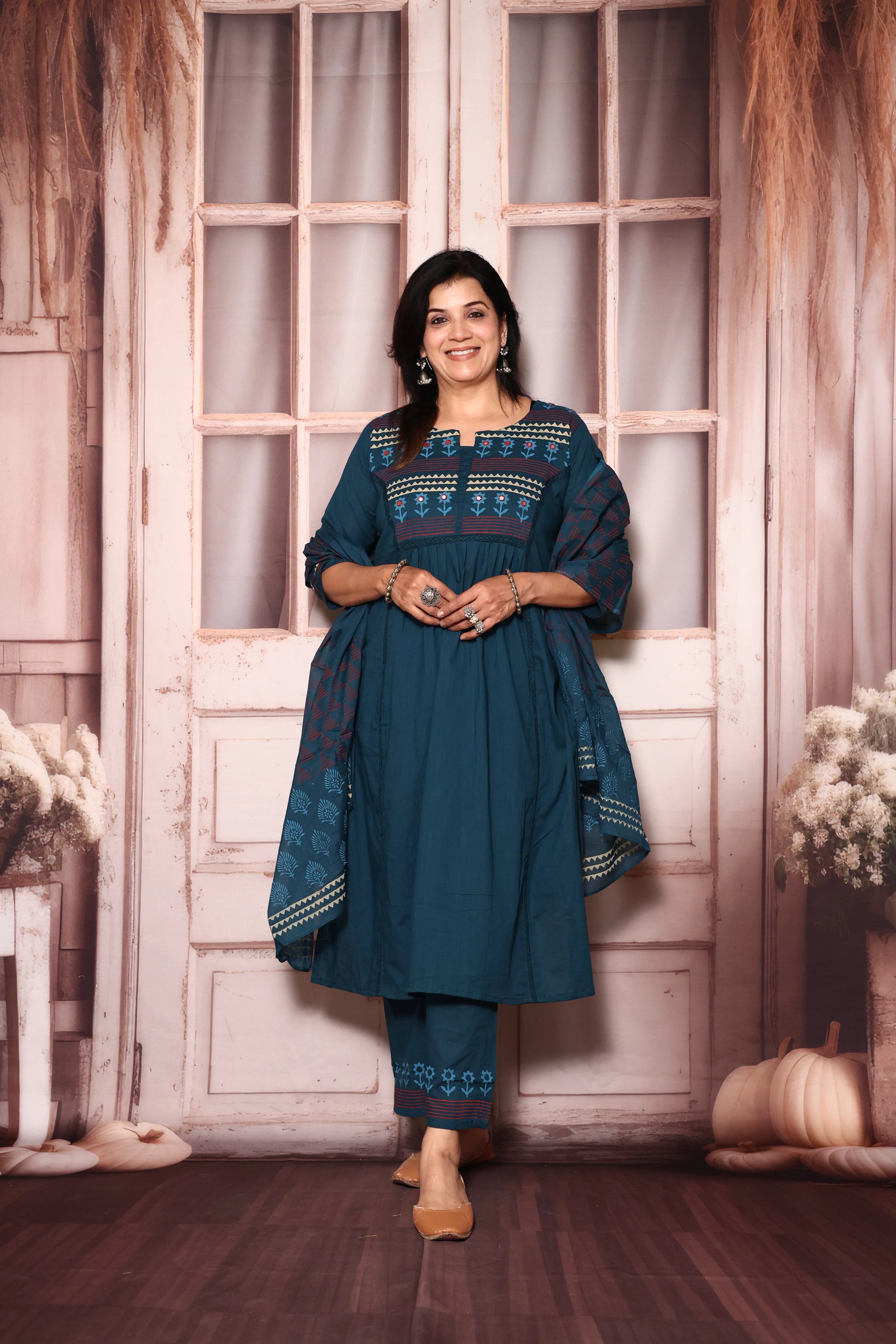 Deep teal Yoke Work A-Line Kurta Pant with Printed Dupatta Set | Hand Painted & Mirror Work