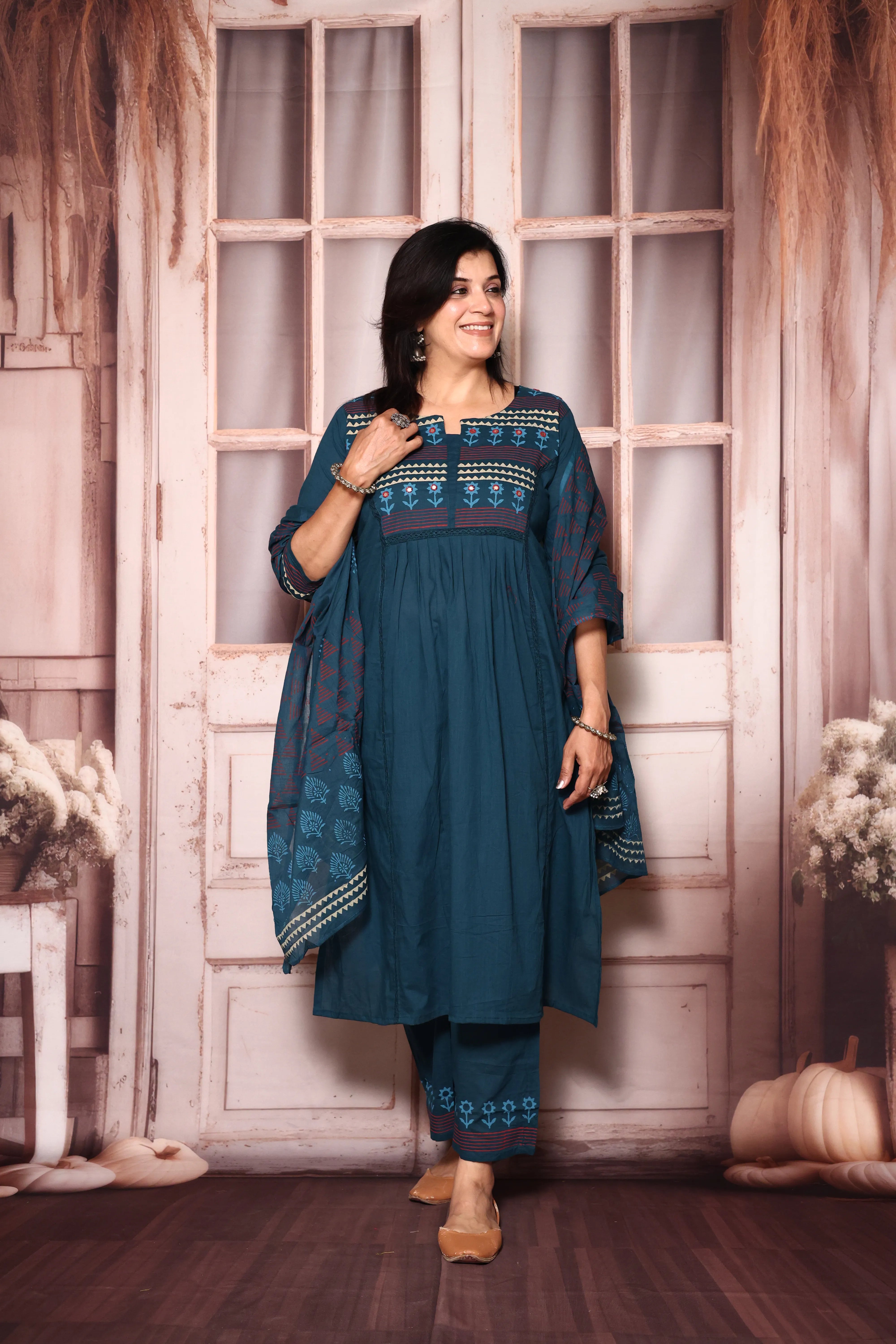 Deep teal Yoke Work A-Line Kurta Pant with Printed Dupatta Set | Hand Painted & Mirror Work