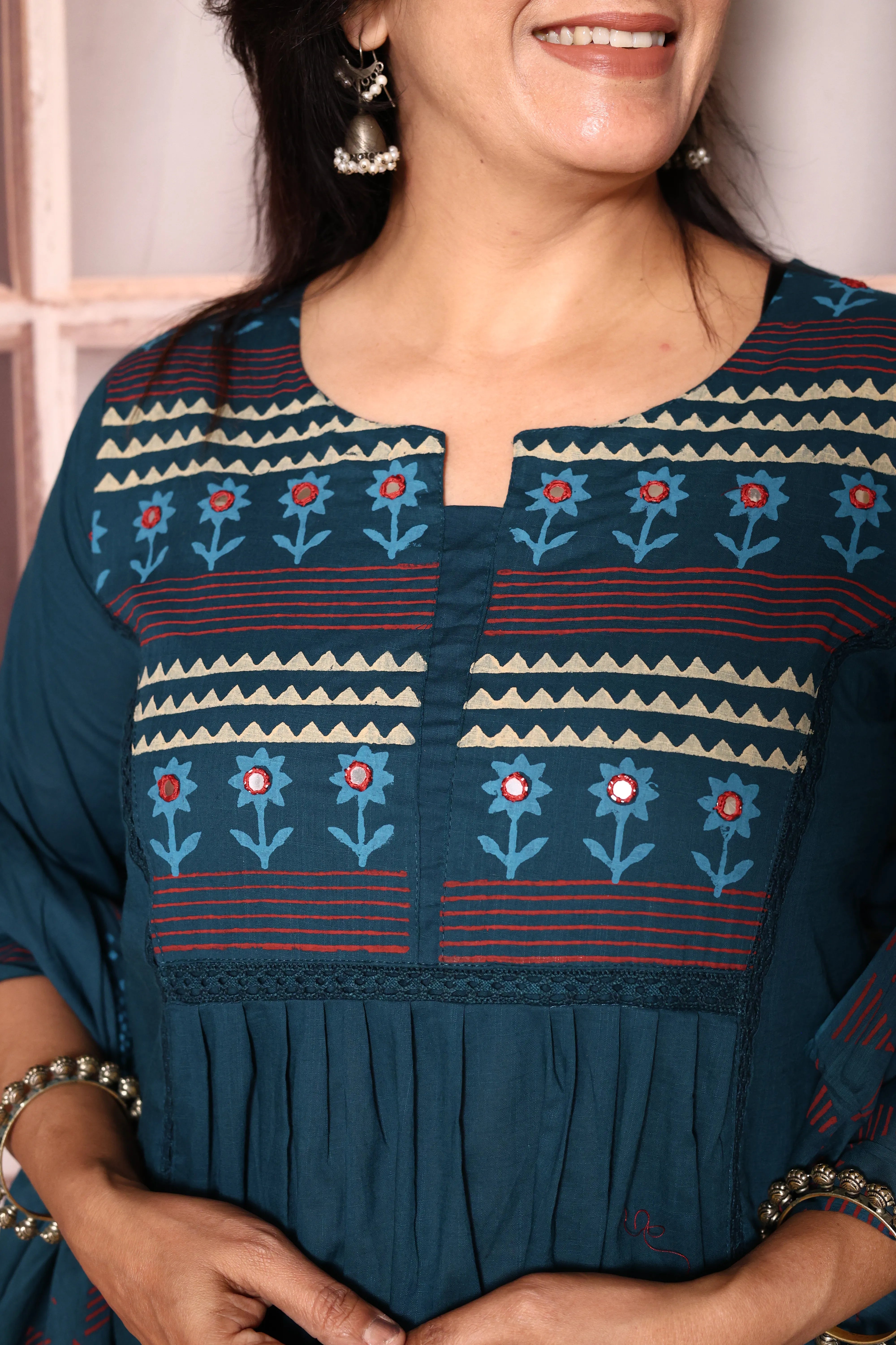 Deep teal Yoke Work A-Line Kurta Pant with Printed Dupatta Set | Hand Painted & Mirror Work