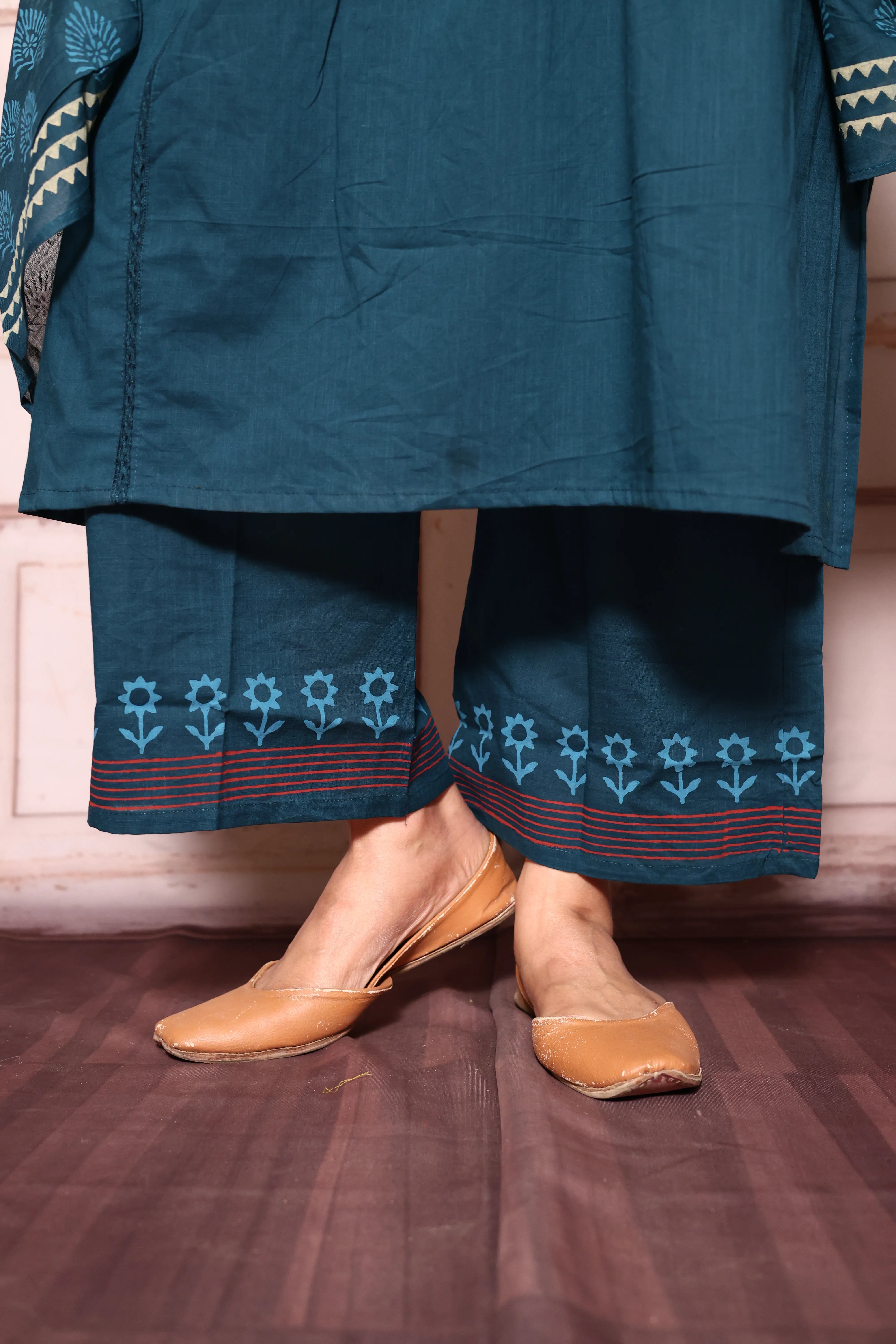 Deep teal Yoke Work A-Line Kurta Pant with Printed Dupatta Set | Hand Painted & Mirror Work