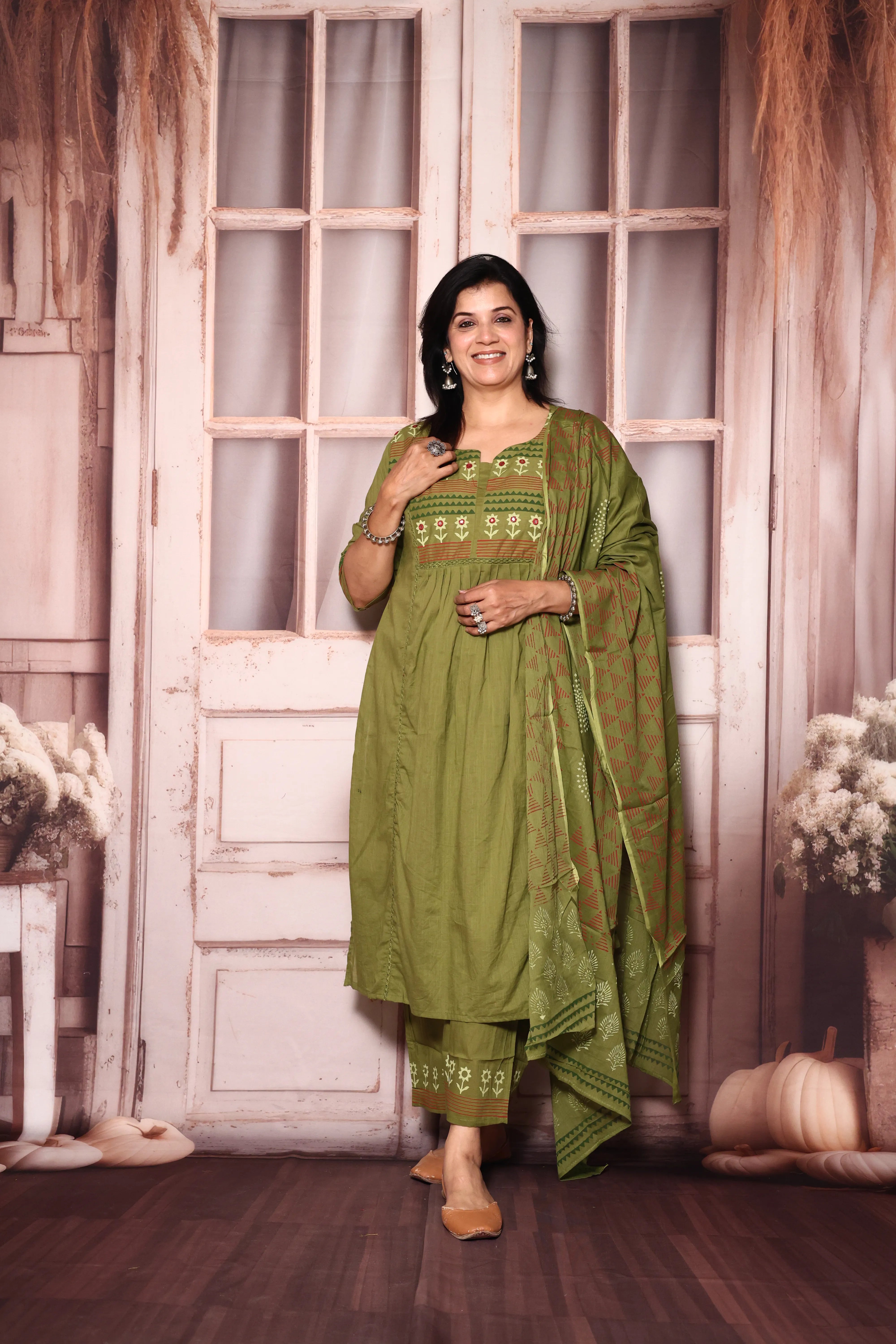 Olive Yoke Work A-Line Kurta Pant with Printed Dupatta Set | Hand Painted & Mirror Work