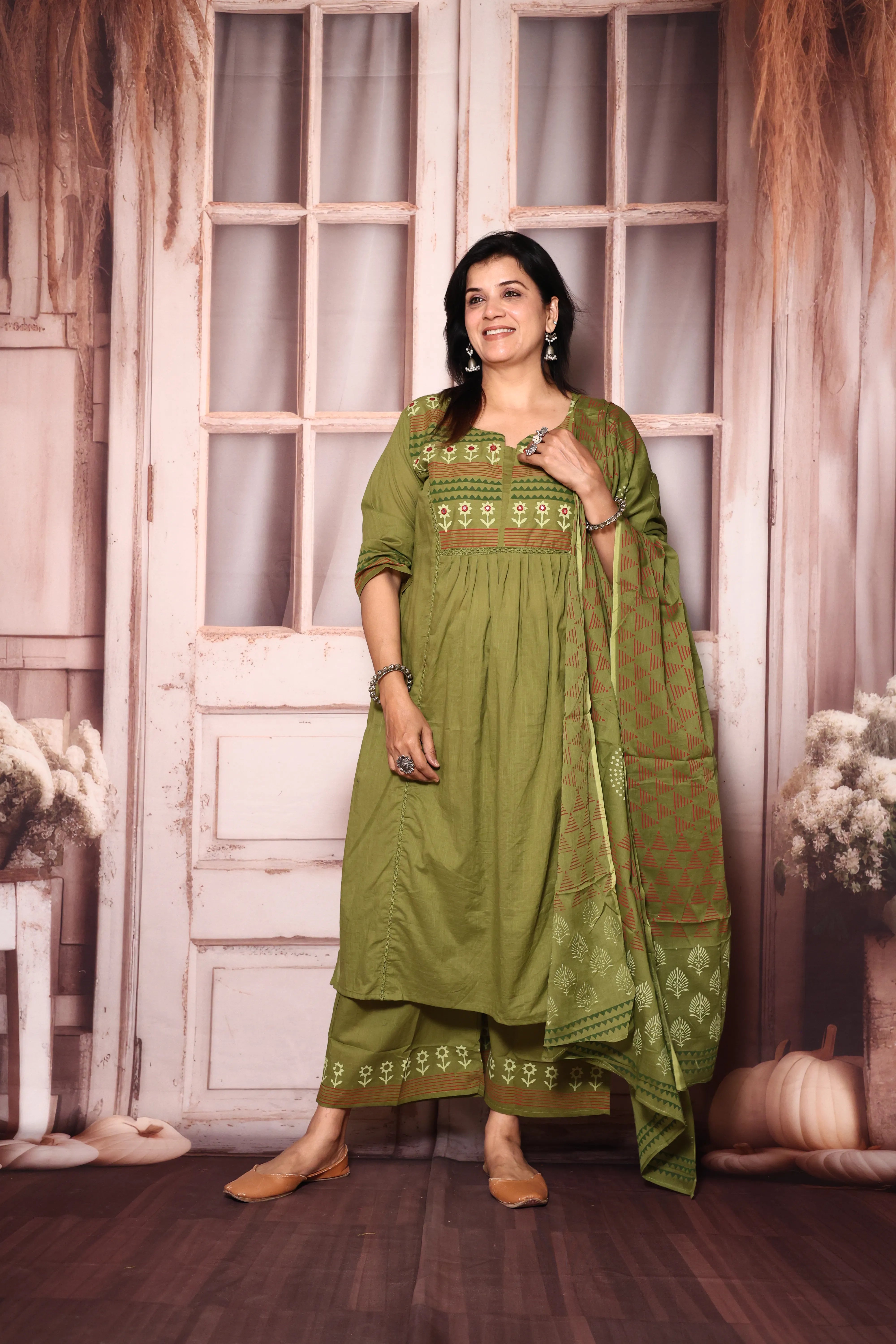 Olive Yoke Work A-Line Kurta Pant with Printed Dupatta Set | Hand Painted & Mirror Work