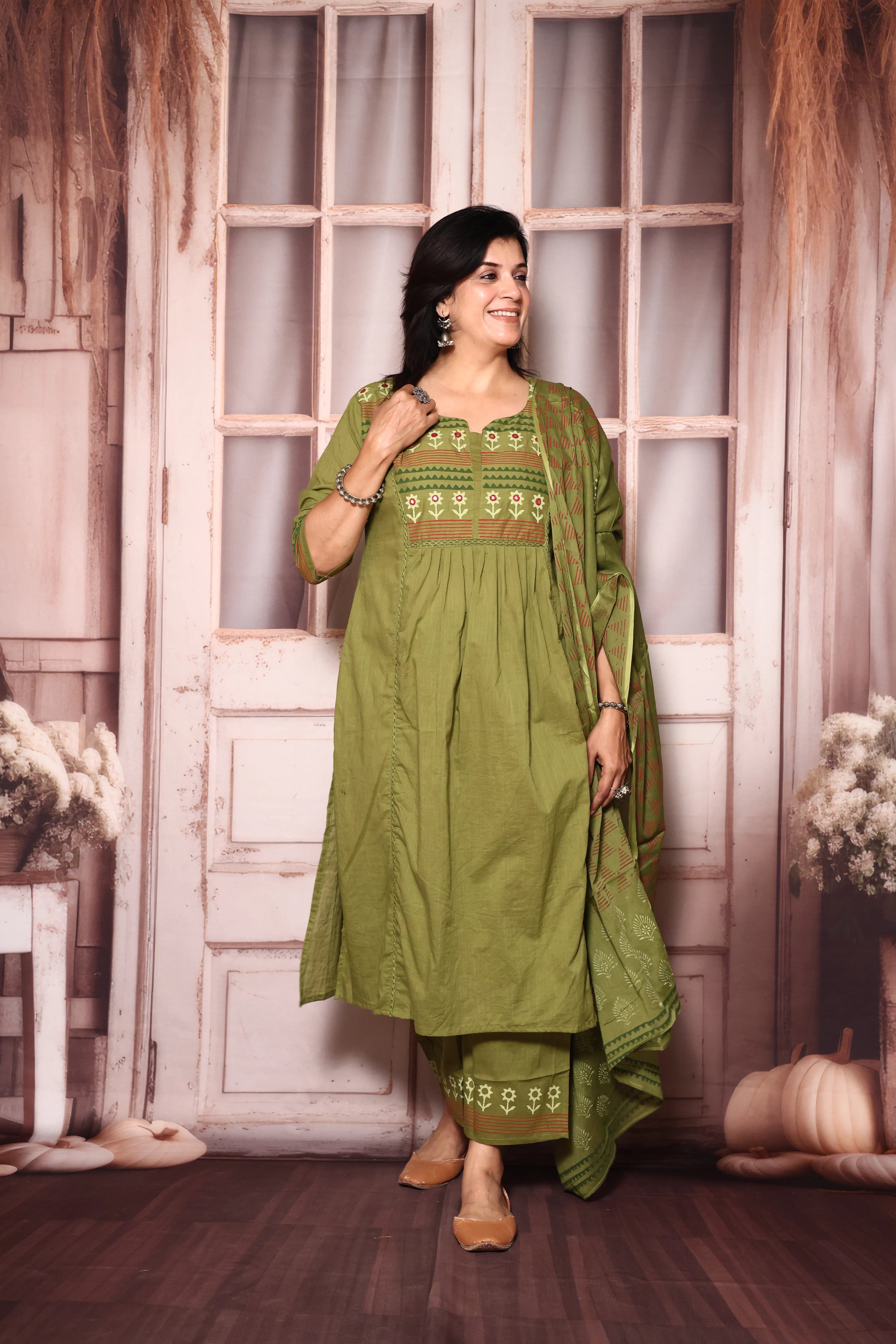 Olive Yoke Work A-Line Kurta Pant with Printed Dupatta Set | Hand Painted & Mirror Work