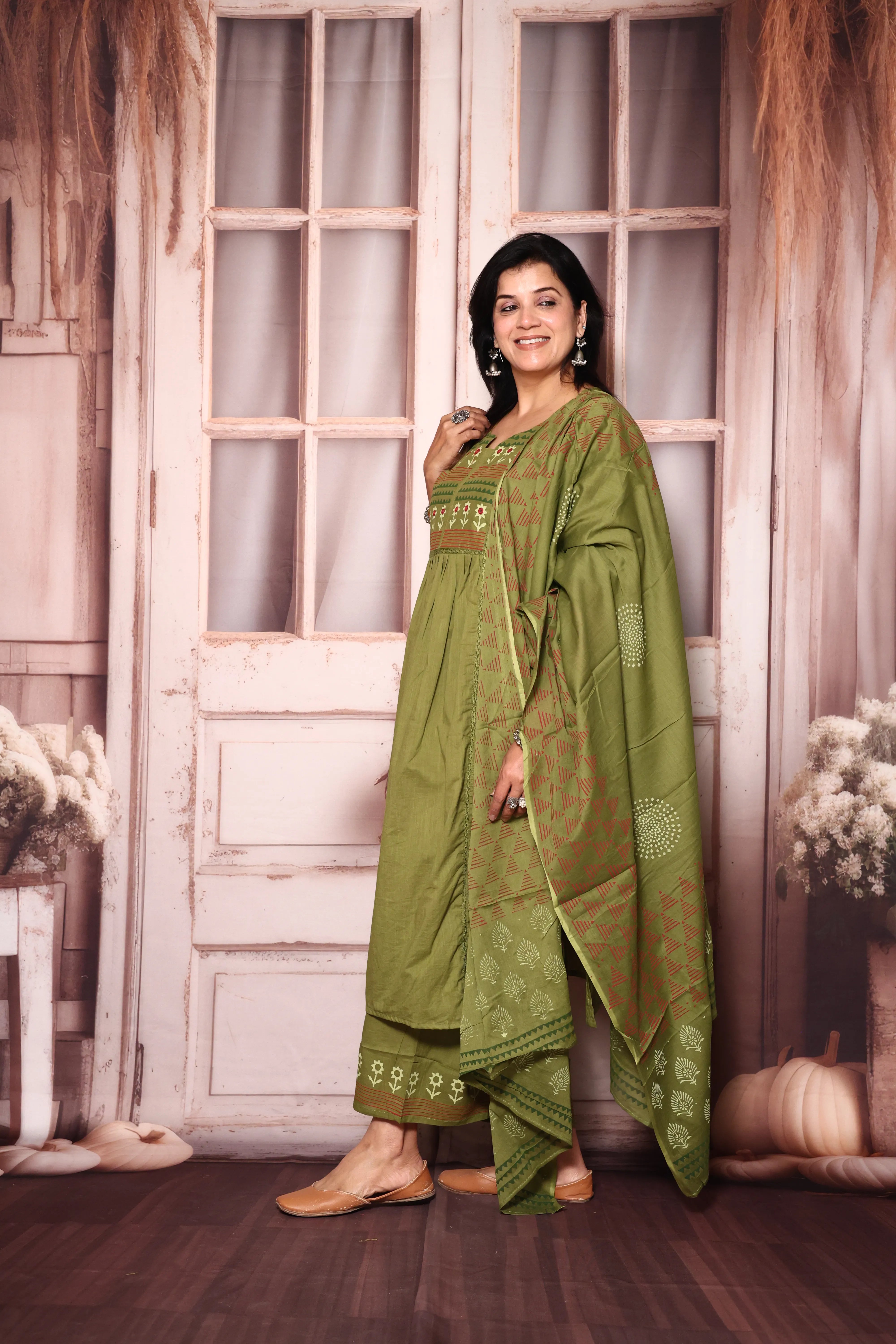 Olive Yoke Work A-Line Kurta Pant with Printed Dupatta Set | Hand Painted & Mirror Work