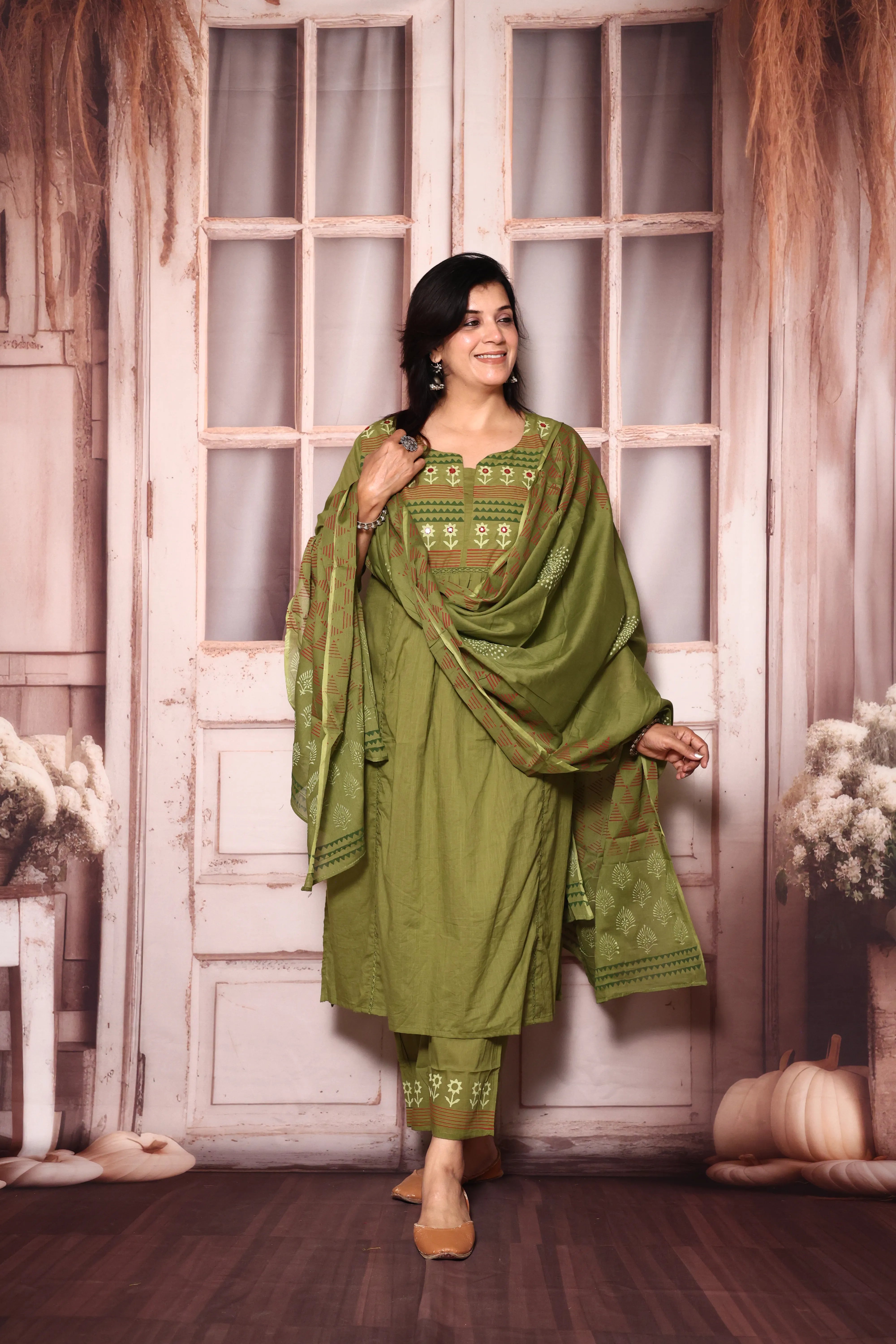 Olive Yoke Work A-Line Kurta Pant with Printed Dupatta Set | Hand Painted & Mirror Work