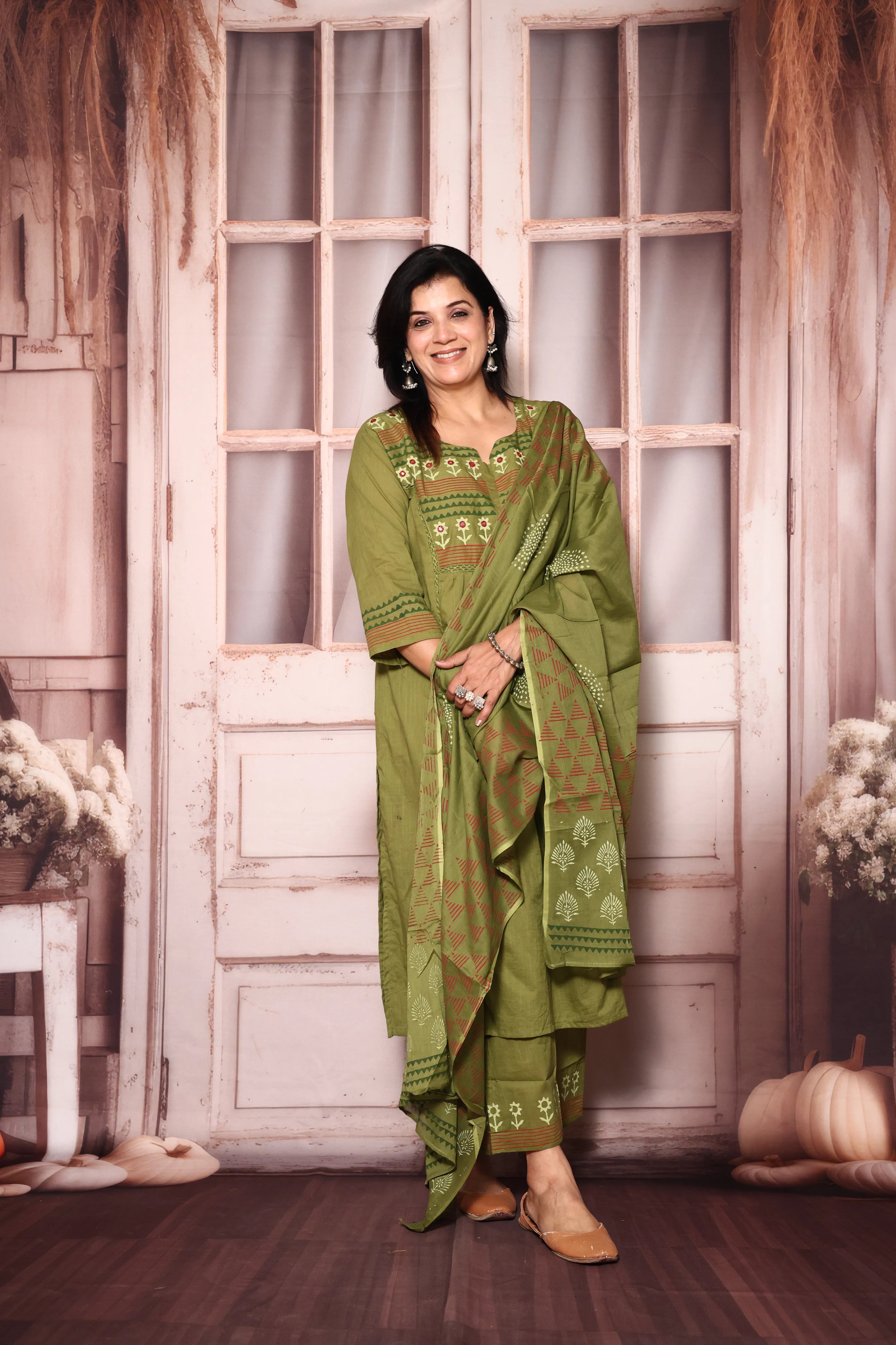 Olive Yoke Work A-Line Kurta Pant with Printed Dupatta Set | Hand Painted & Mirror Work